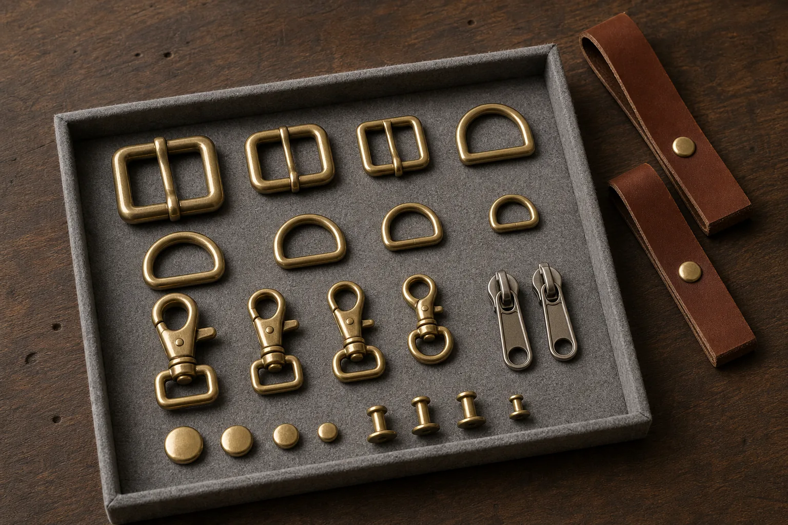 A tray of solid brass and nickel bag hardware with leather strap offcuts