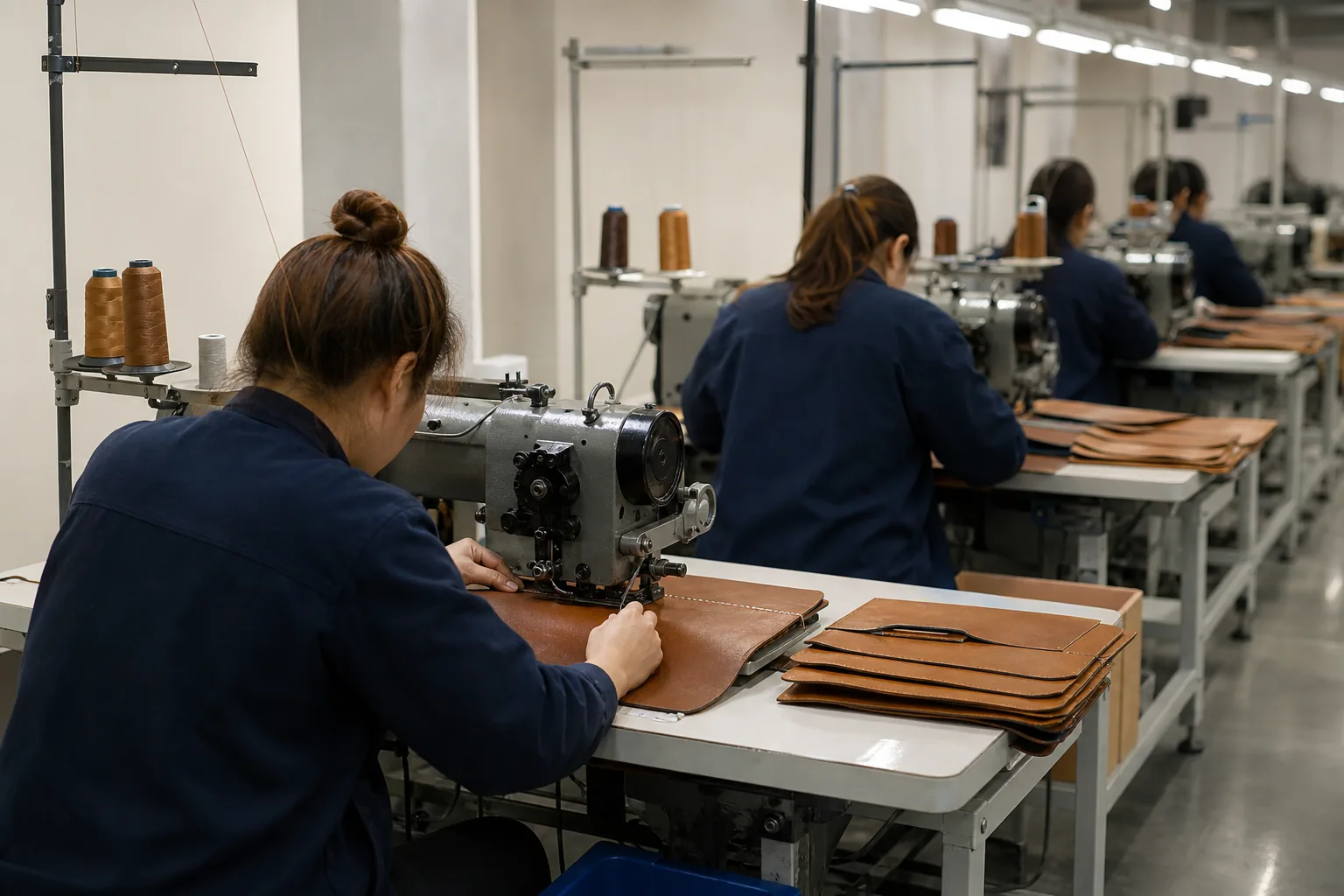 A factory sewing line with workstations stitching leather bag panels