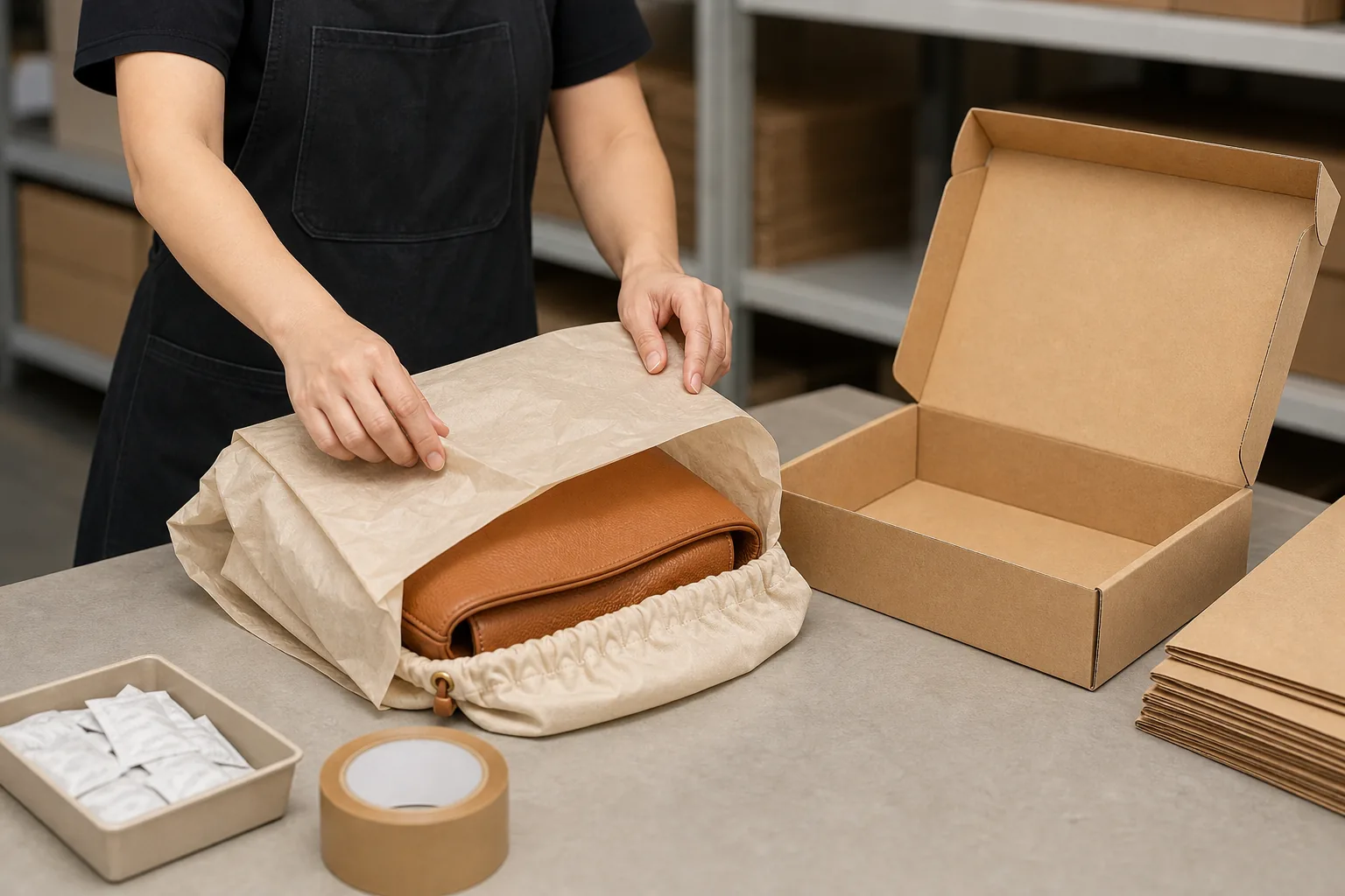 A packing bench with a leather bag being wrapped, cartons and desiccant sachets