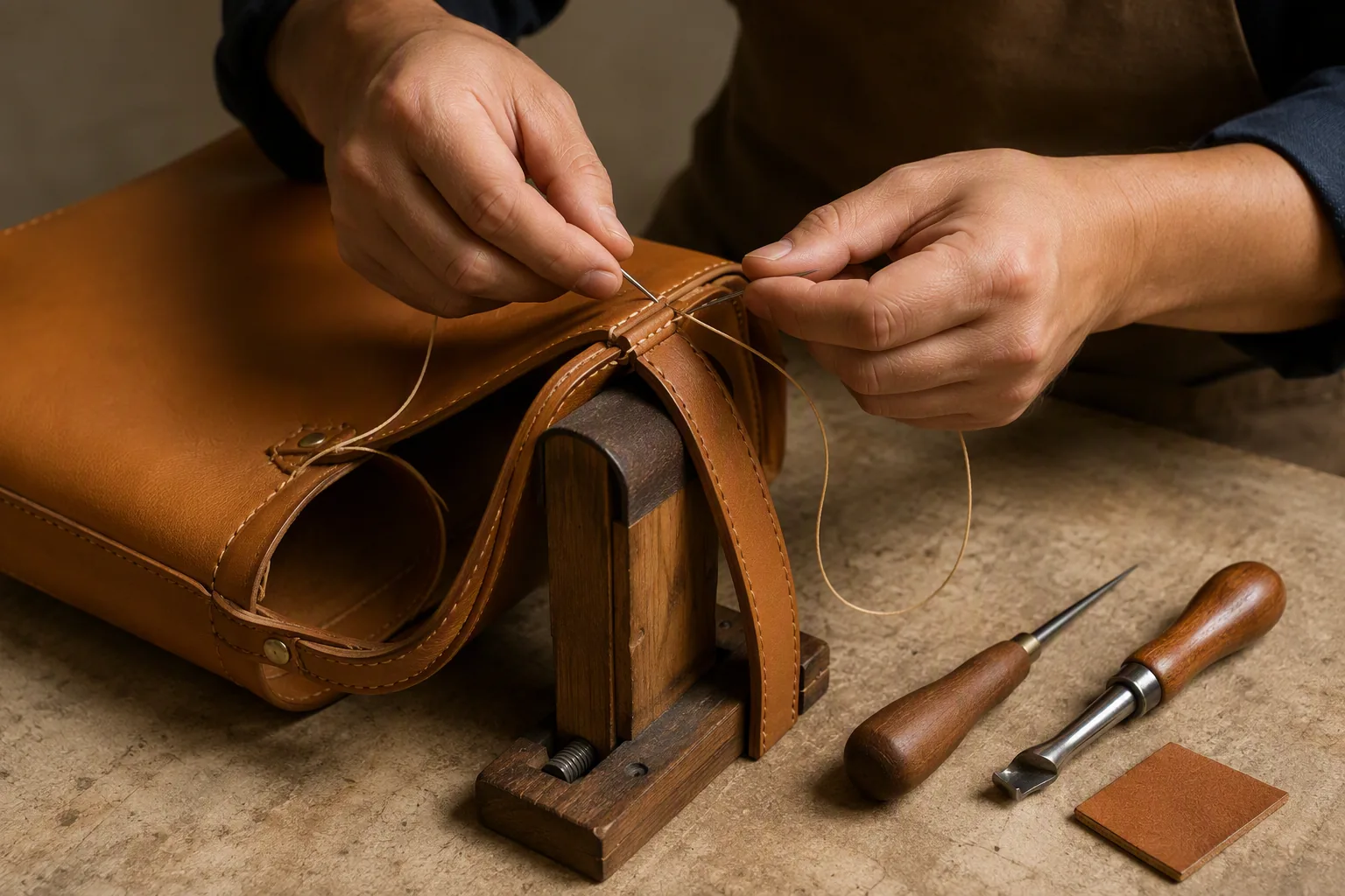 A sample maker hand-stitching the handle of a leather bag prototype