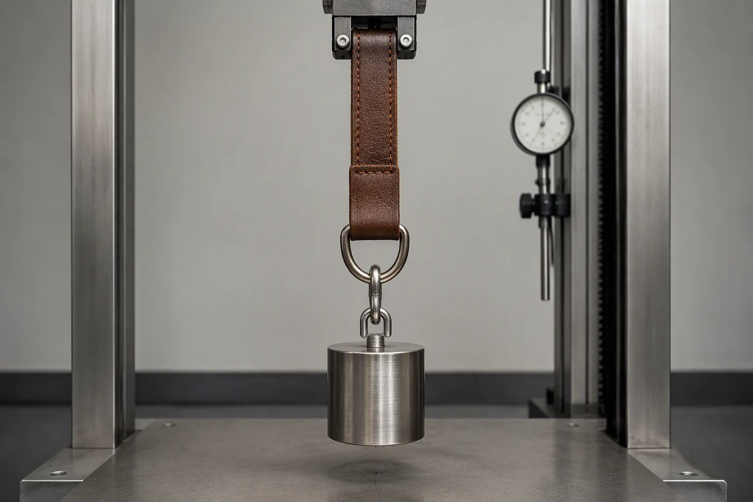 A load test on a leather strap and metal D-ring suspended from a steel frame
