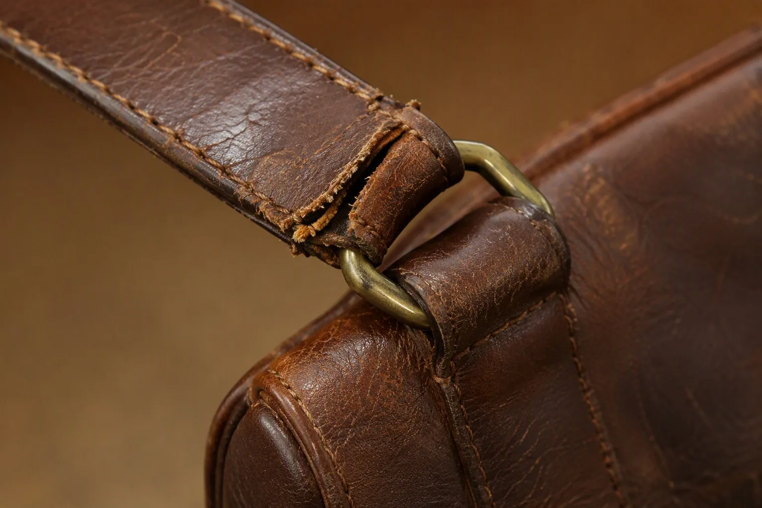 A worn strap showing frayed stitching and a developing crack at the attachment point