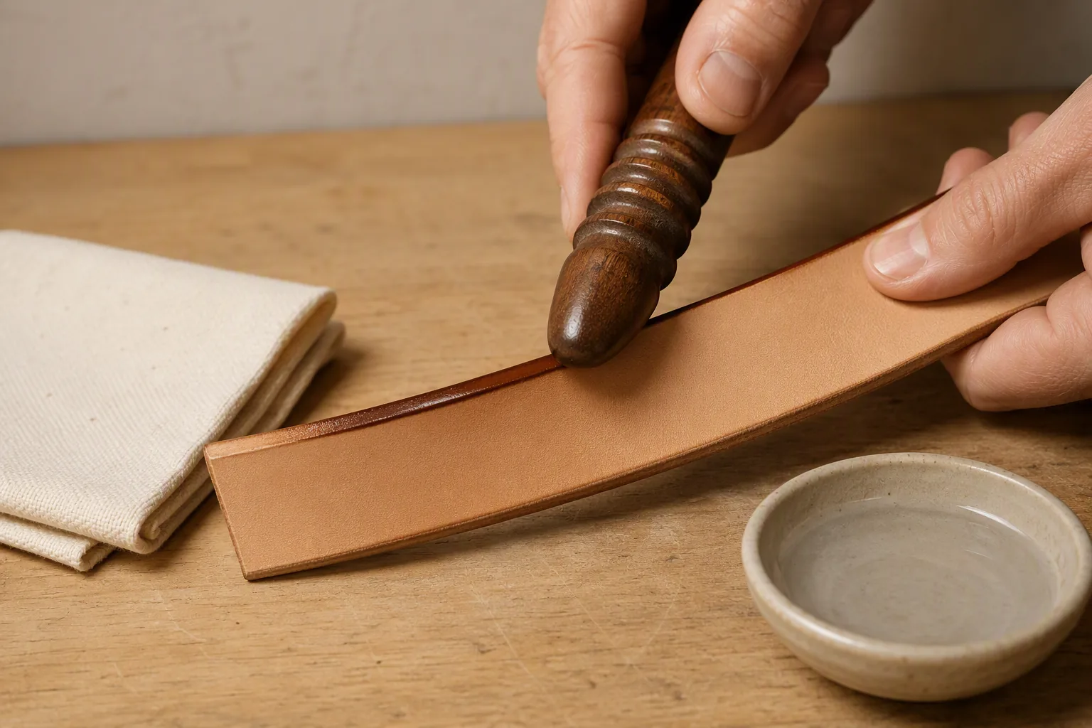 Burnishing a leather strap edge by hand with a wooden edge slicker