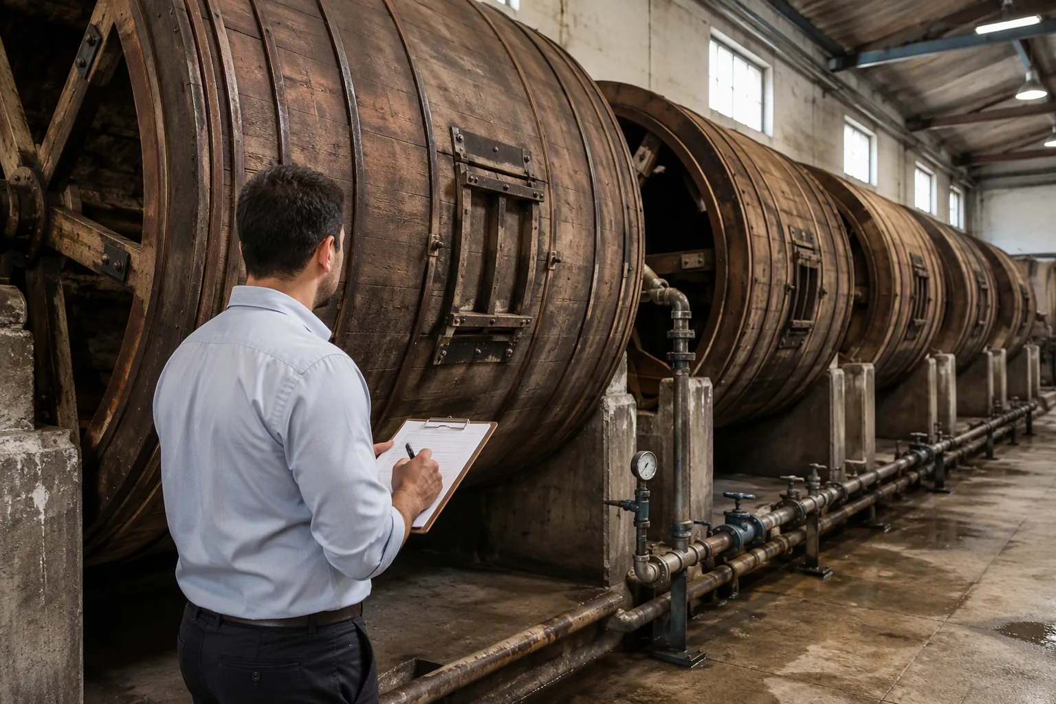 An audit walkthrough past a row of tanning drums in a tannery production hall