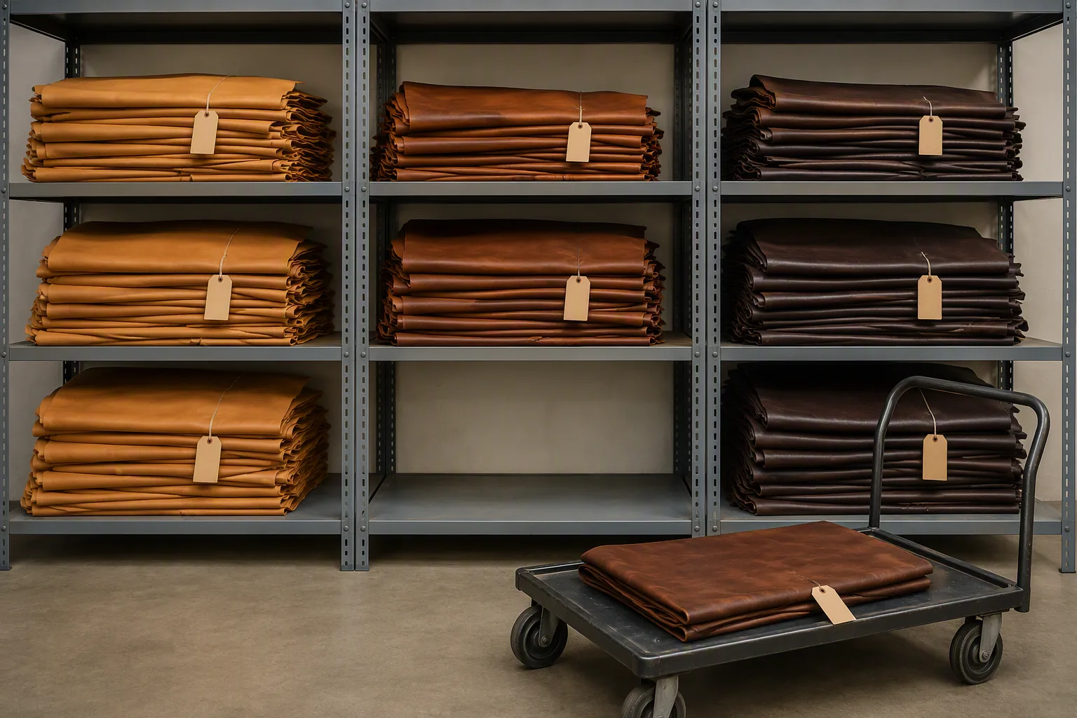 Leather lots stored separately on shelving with individual lot tags