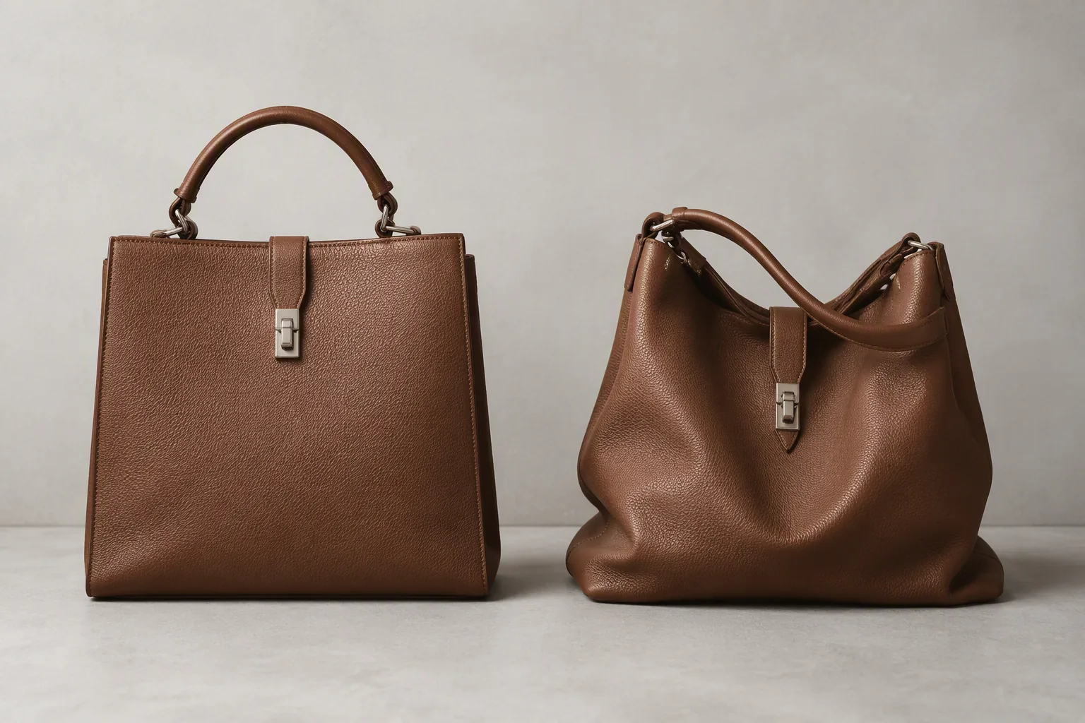 A firm structured bag standing upright next to a slouched soft bag of the same size