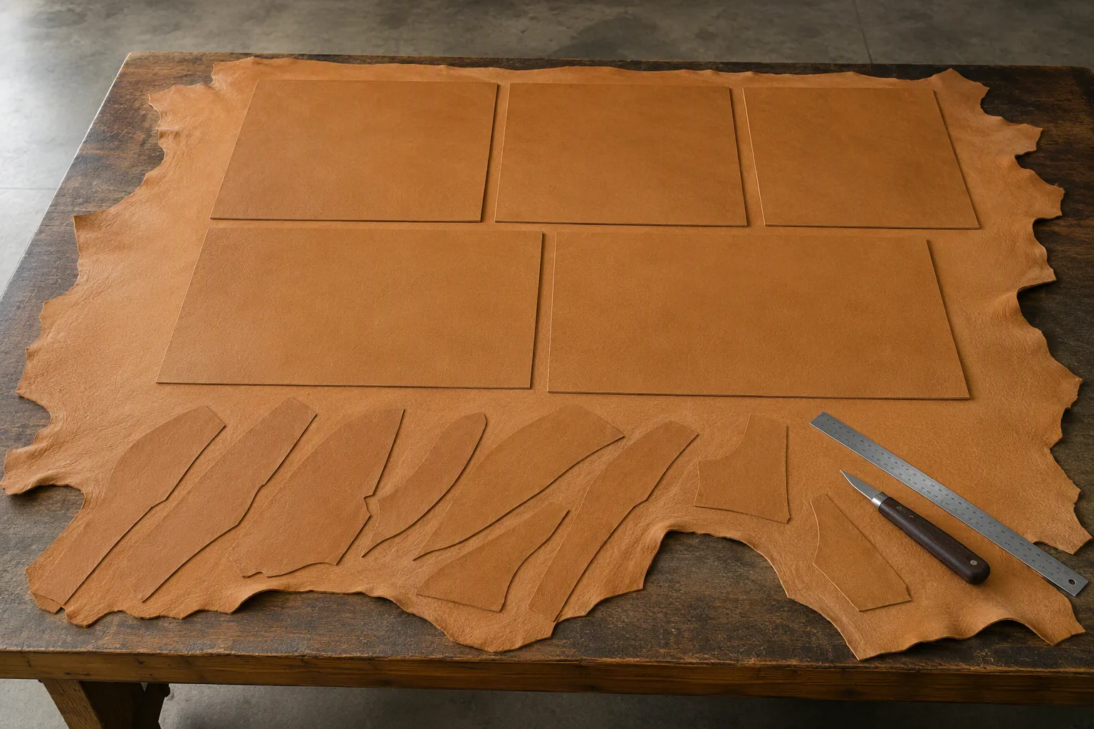 Panels laid on a hide showing better material allocated to large visible panels