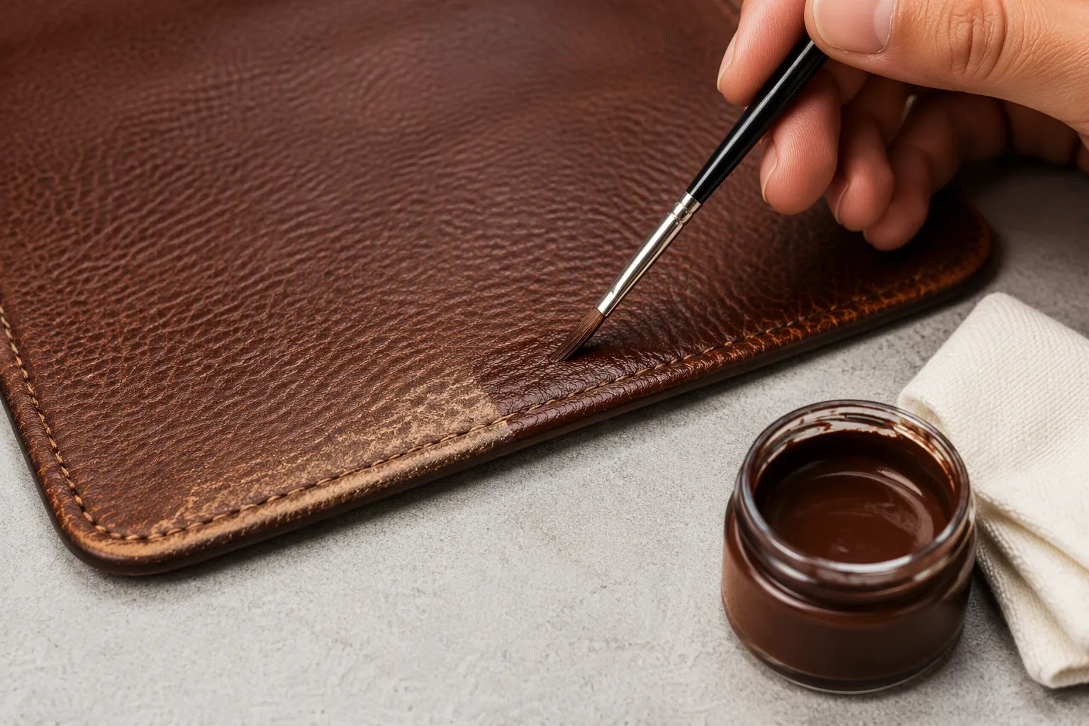 Applying matched colour to a scuffed leather edge with a fine brush