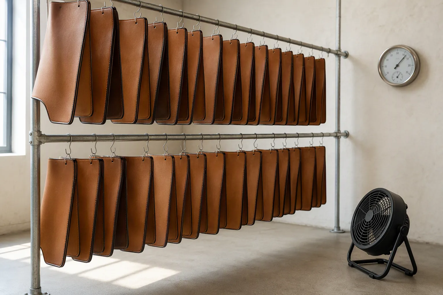 Freshly edge-painted leather panels hanging to dry in a workshop drying area