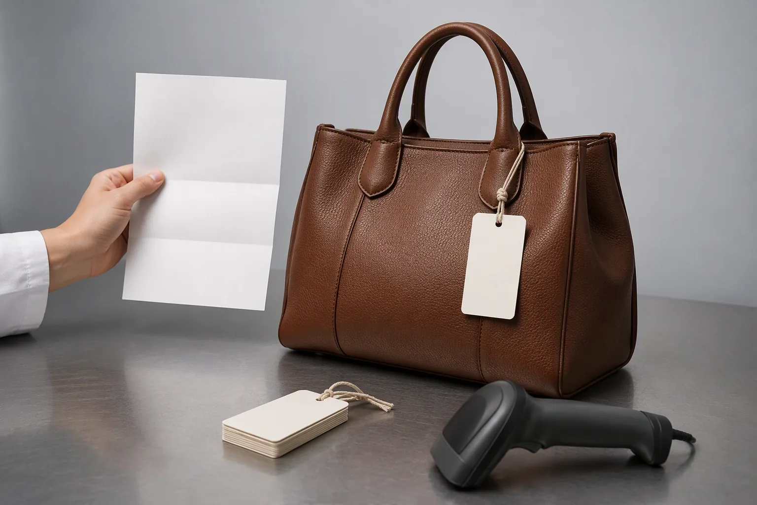 A final labelling check comparing a bag against its specification sheet before packing