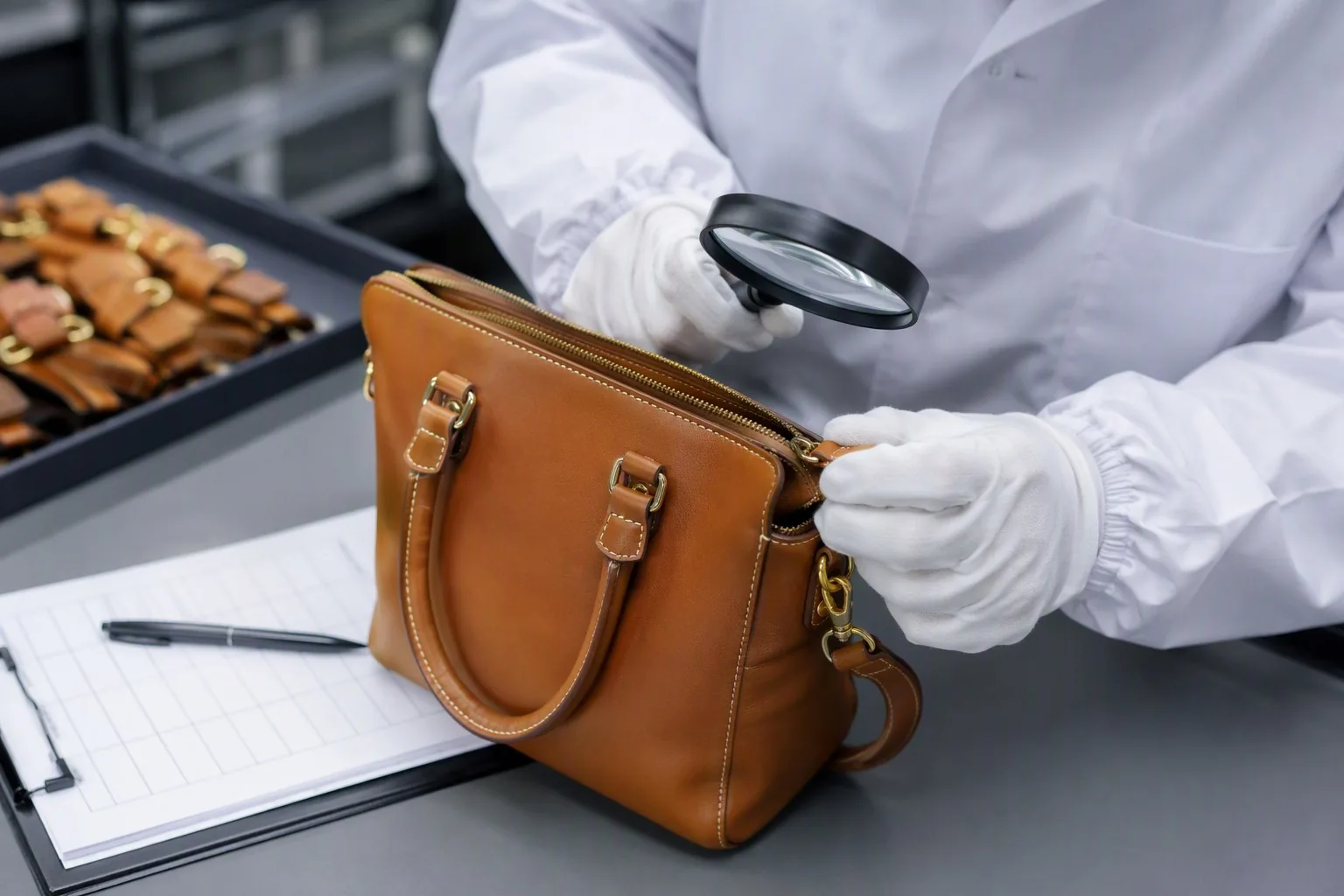 A quality inspector examining a bag's stitching and hardware at an inspection table