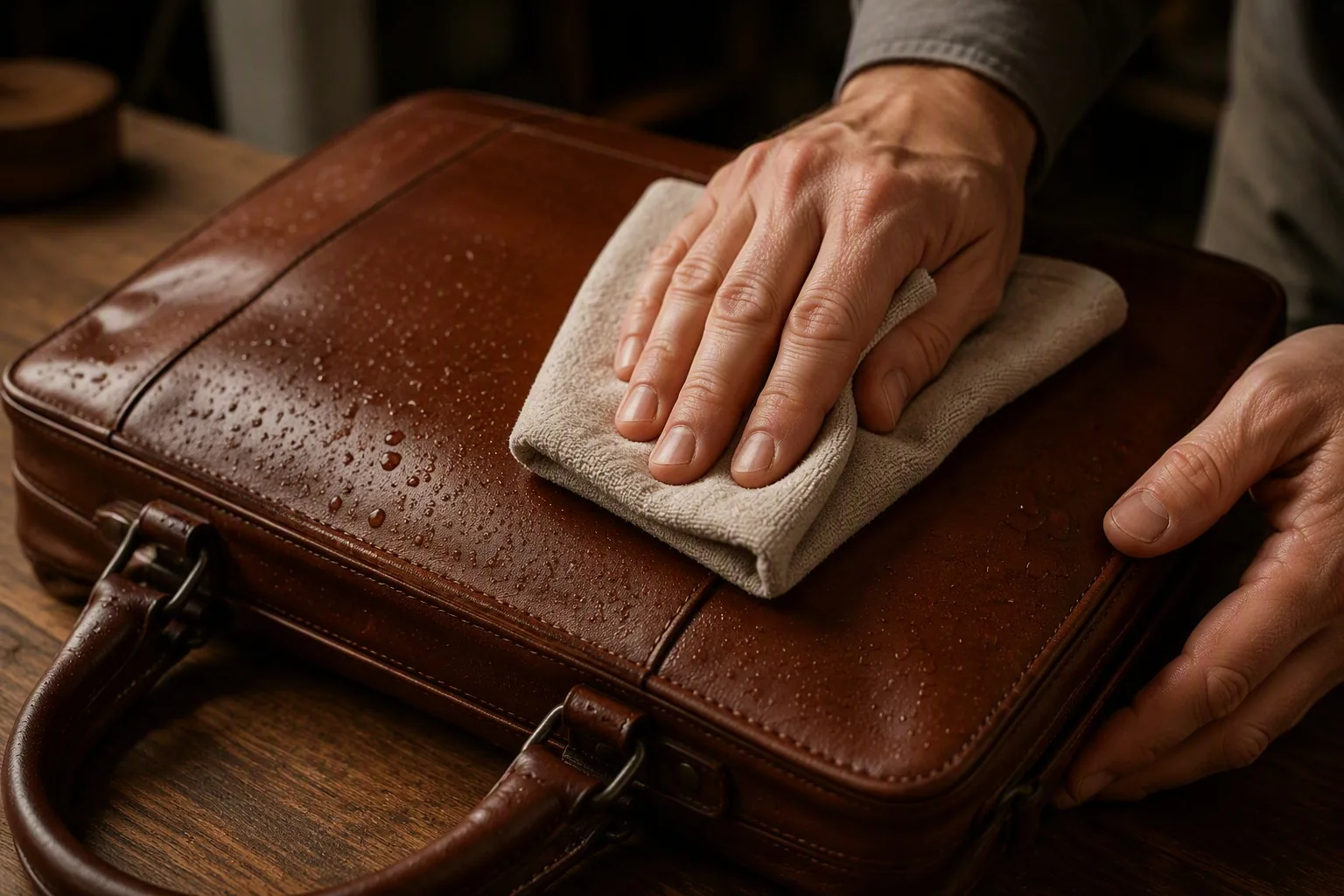 Gently blotting a damp leather bag with a soft dry cloth
