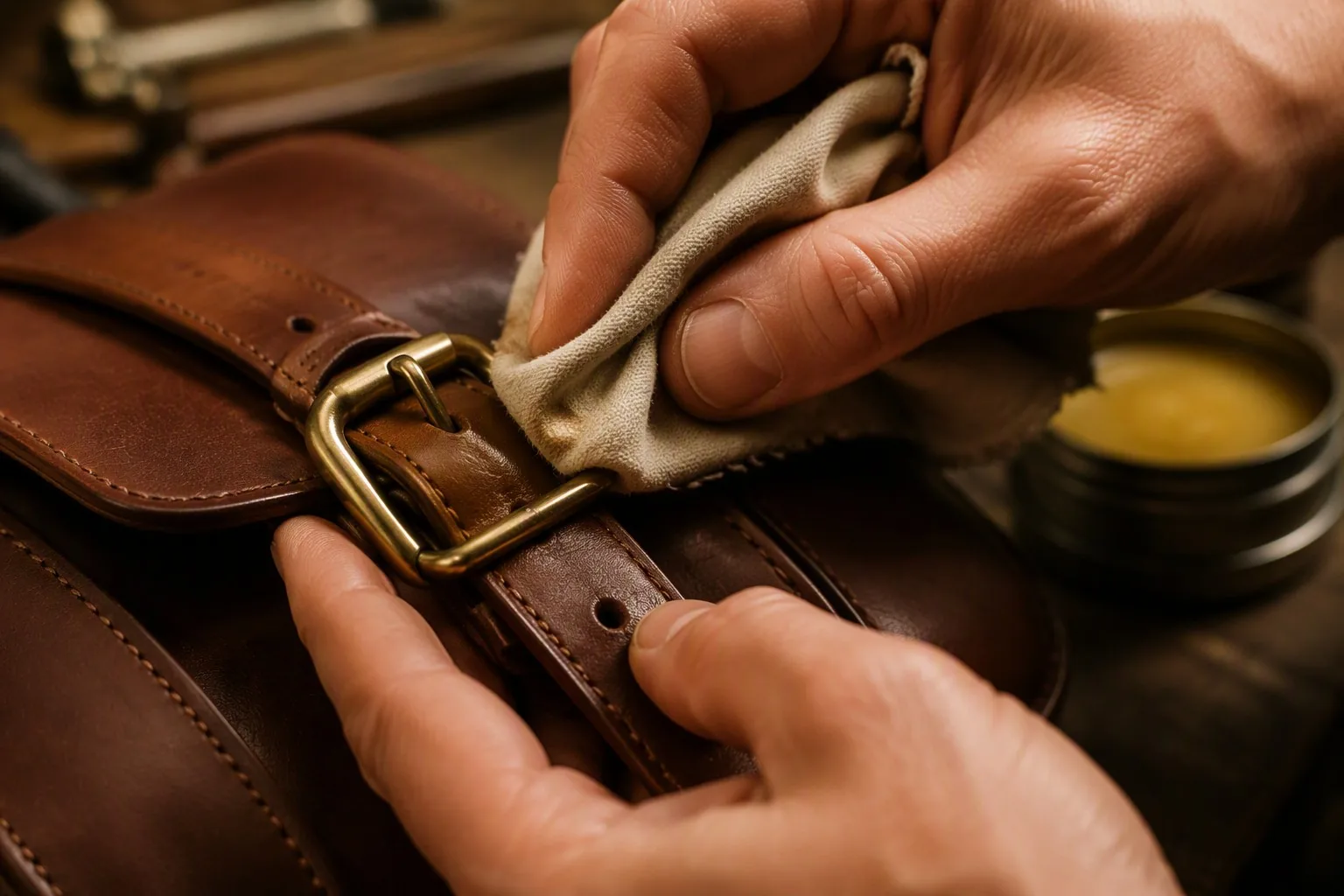 Polishing the brass buckle of a leather bag with a soft cloth