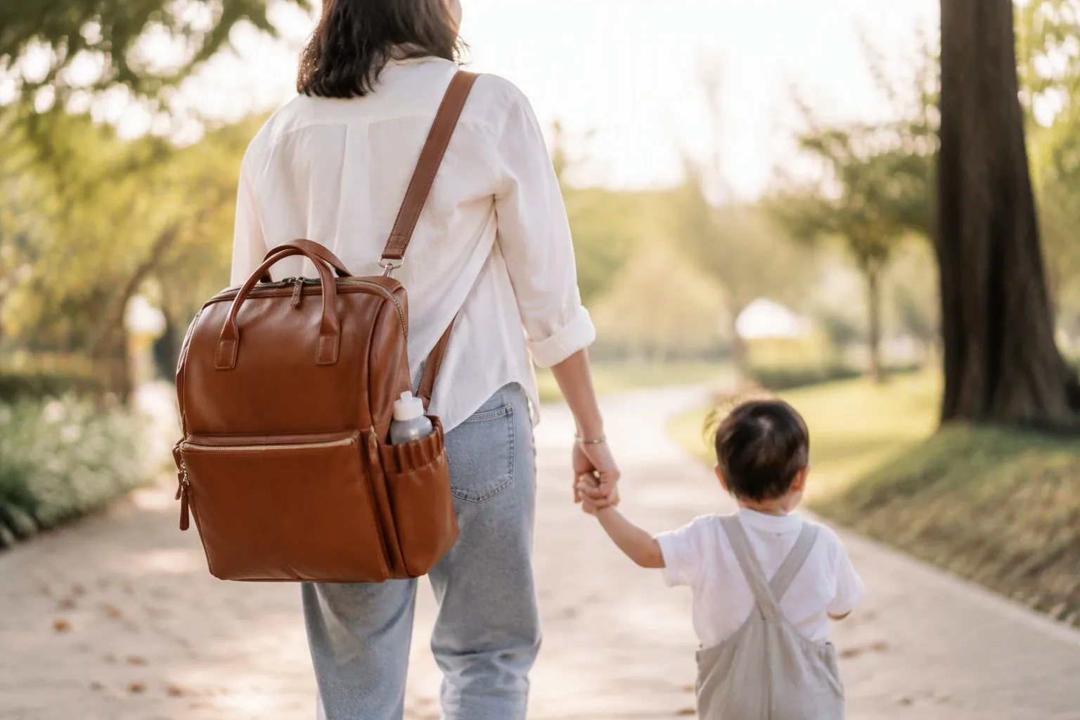 A parent wearing a leather diaper bag across one shoulder in a park