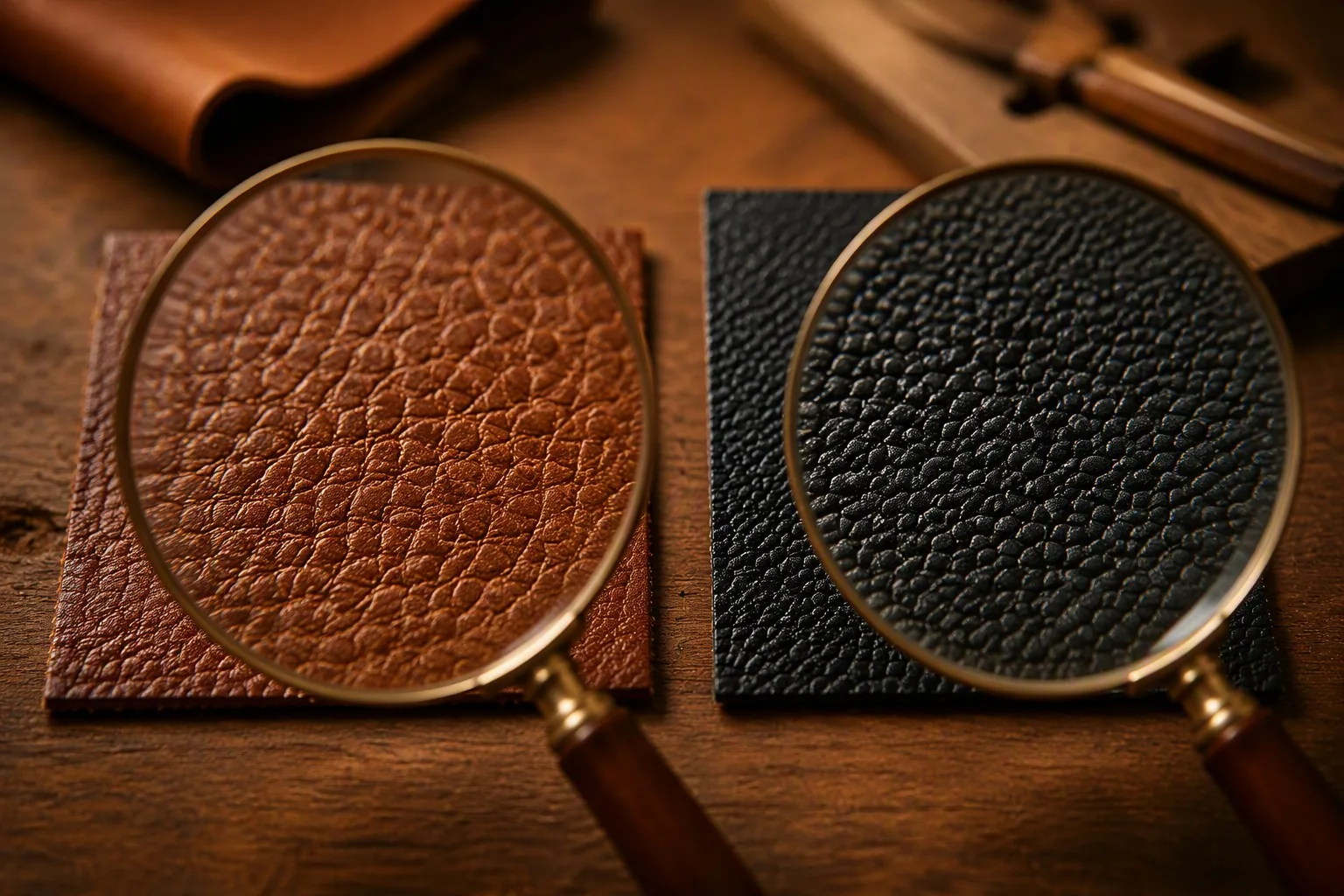 Magnifying glass examining the grain of two leather samples
