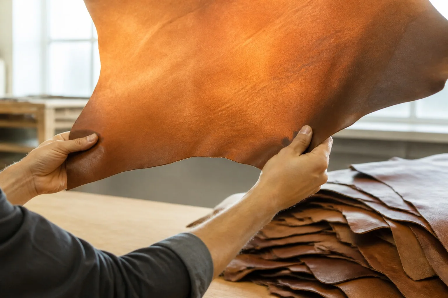 A factory worker inspecting a leather panel against the light, with graded hides on the table