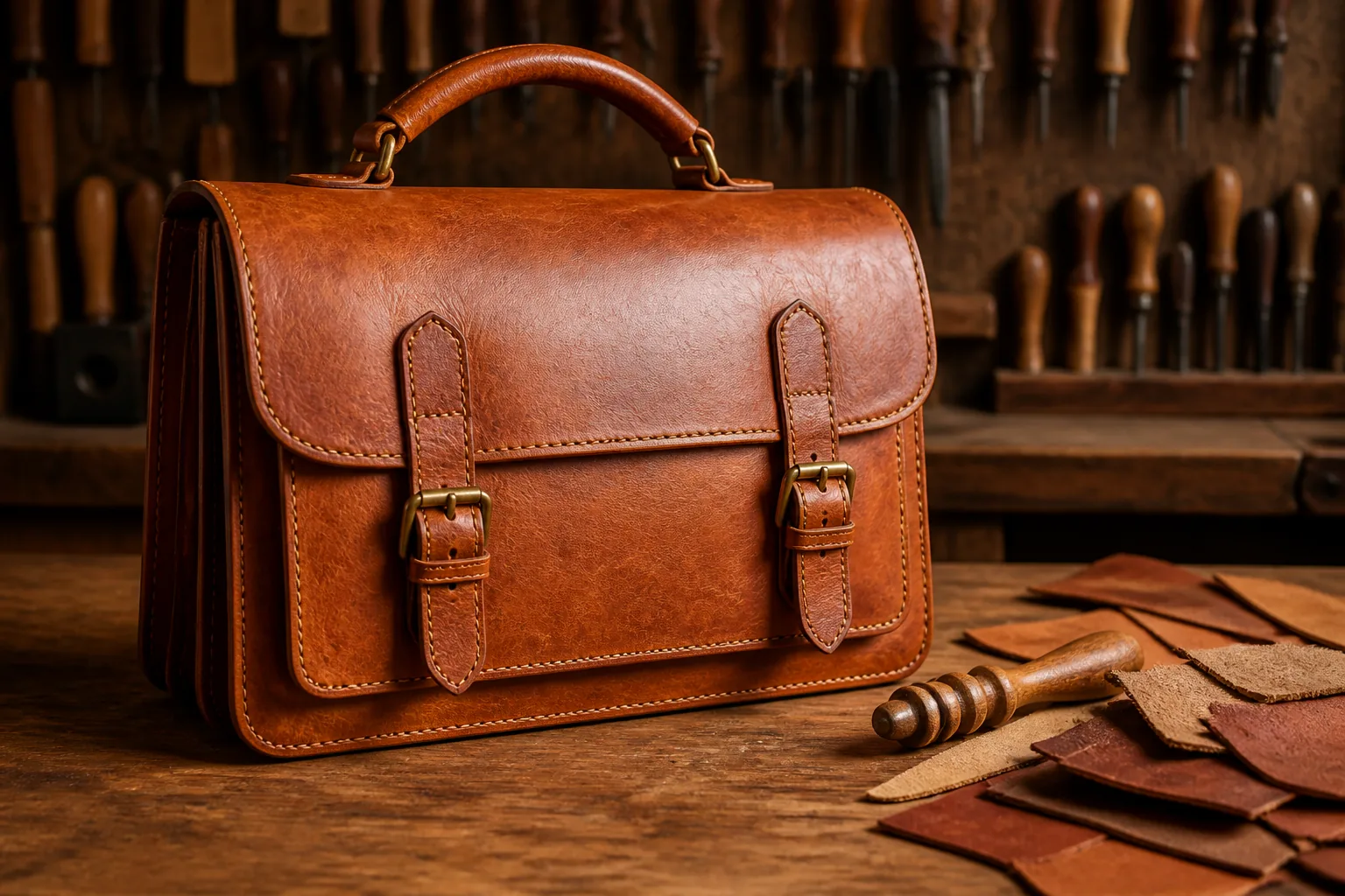 A structured leather bag made from vegetable-tanned leather on a workshop bench