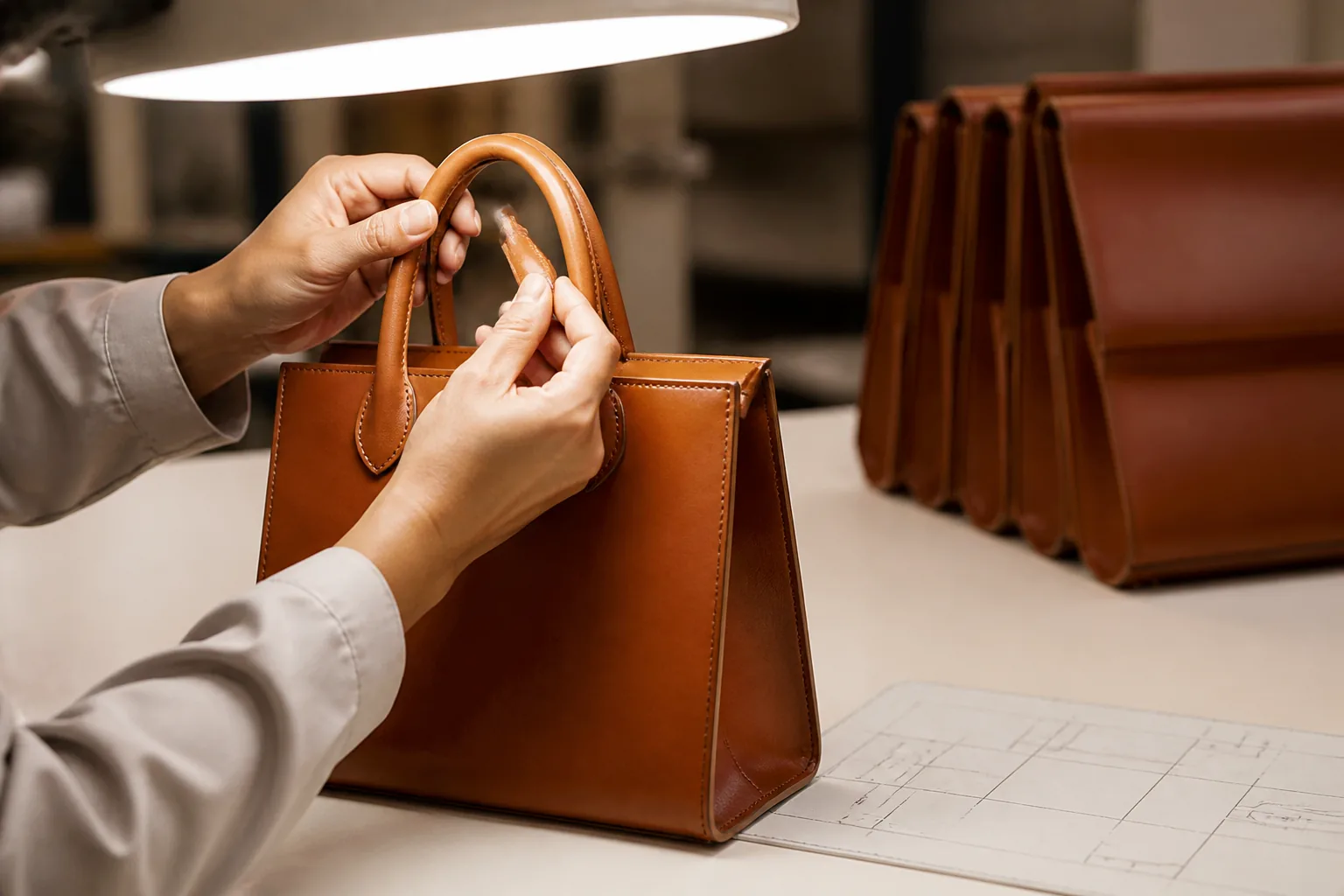 A finished leather bag being inspected under an inspection lamp