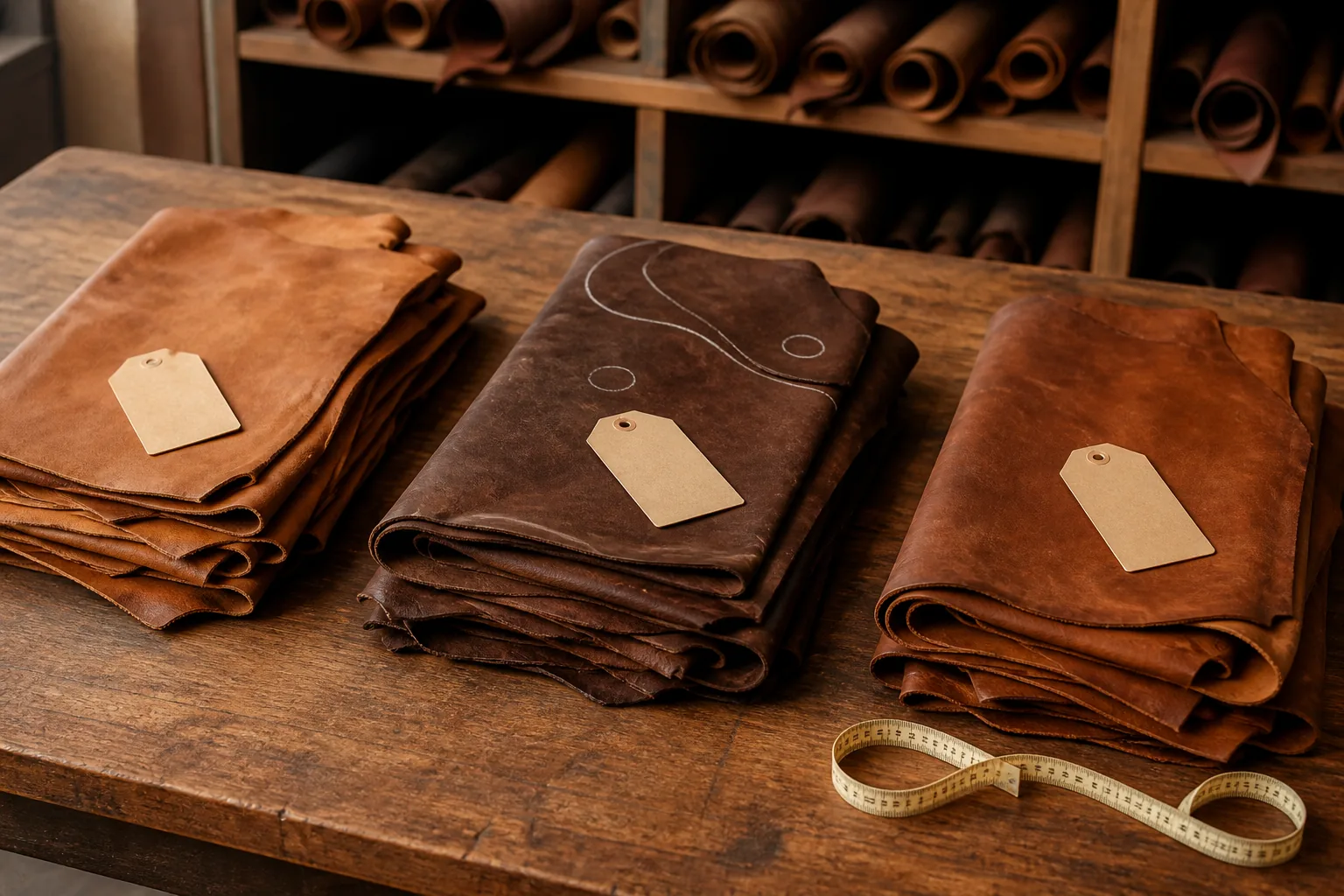 Folded hides sorted into graded stacks with tags on a workshop table