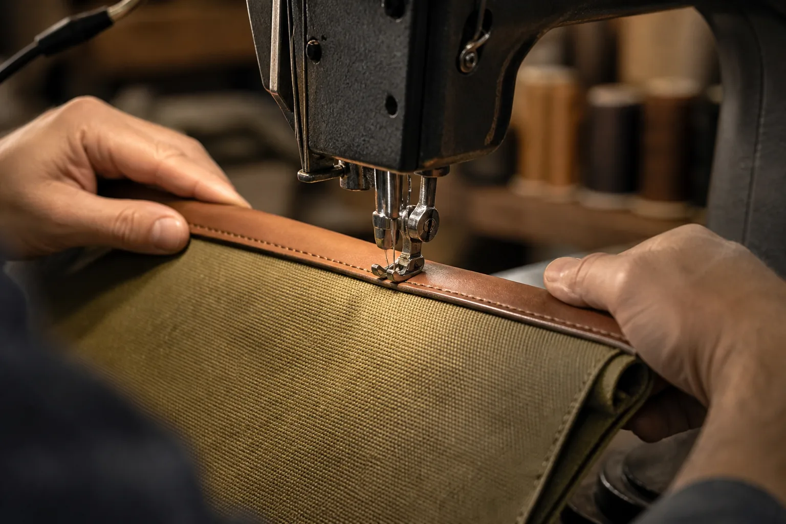 A craftsman stitching a leather trim strip onto a heavy canvas panel
