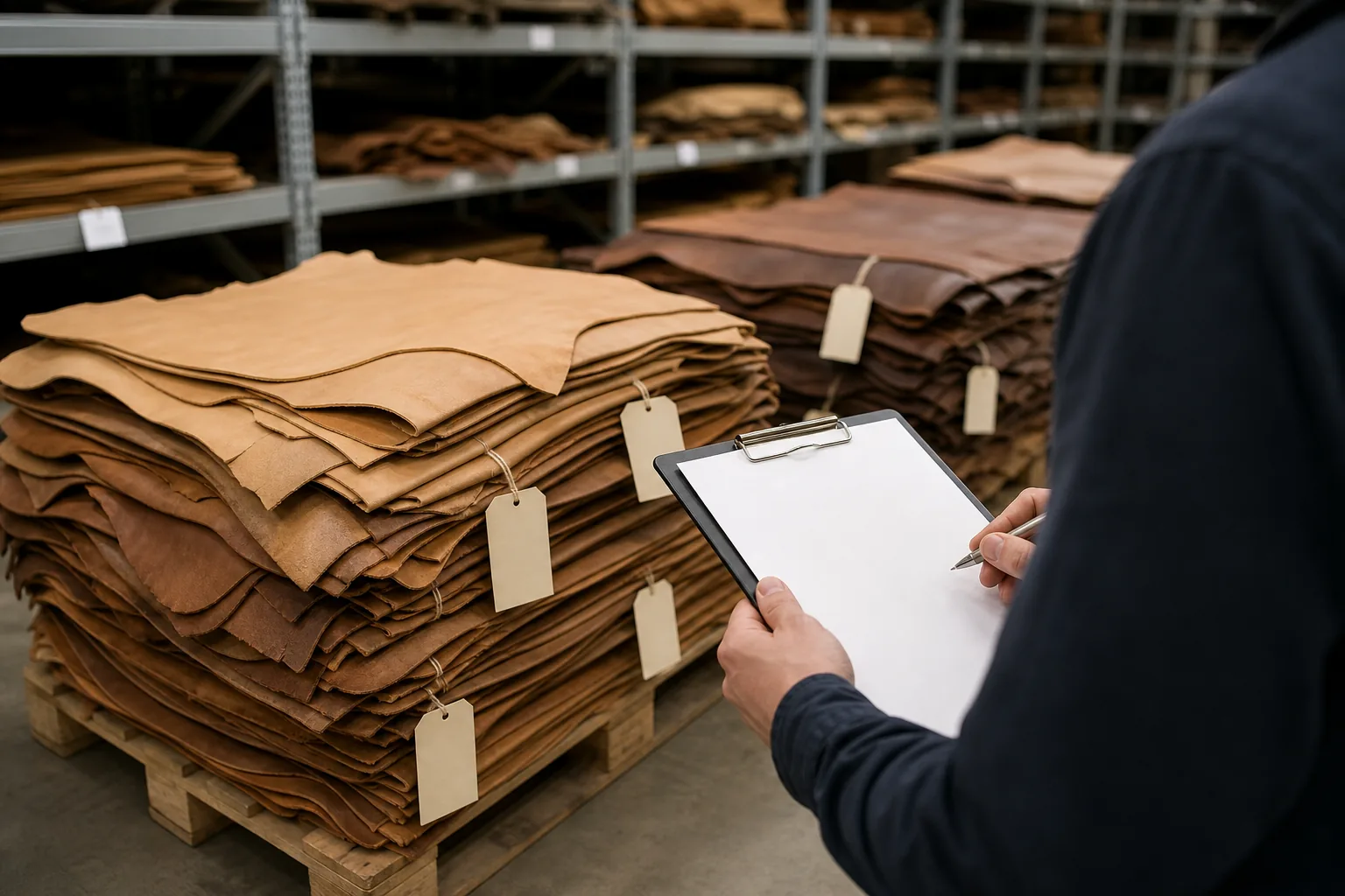 Hides on pallets being checked against lot tags during a supplier audit