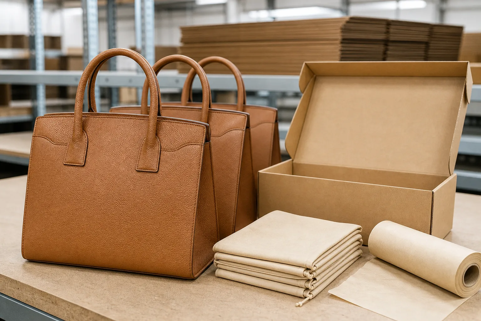 Finished leather bags, dust bags and cartons staged for shipping