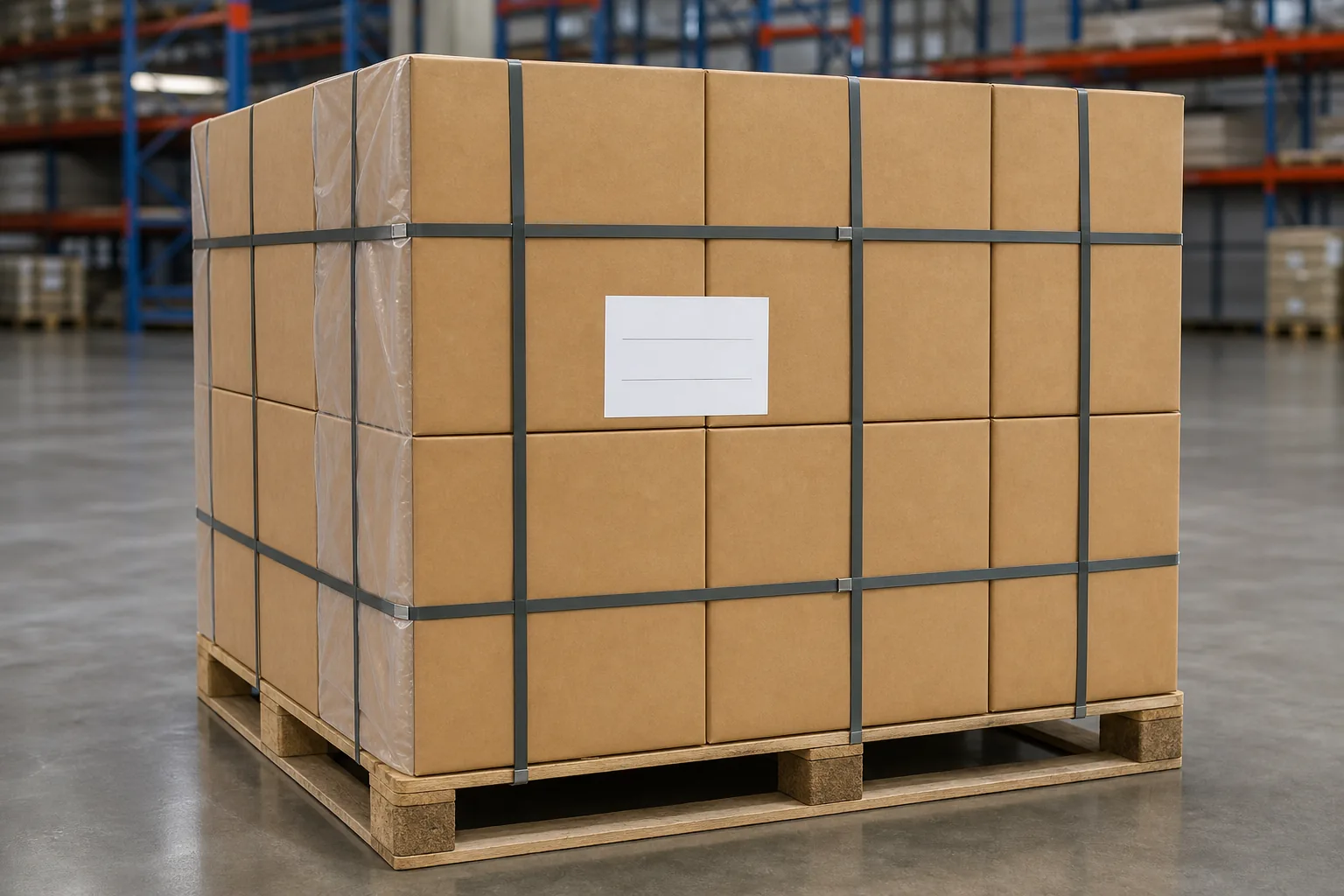 A loaded export pallet of cartons with a moisture barrier liner in a warehouse