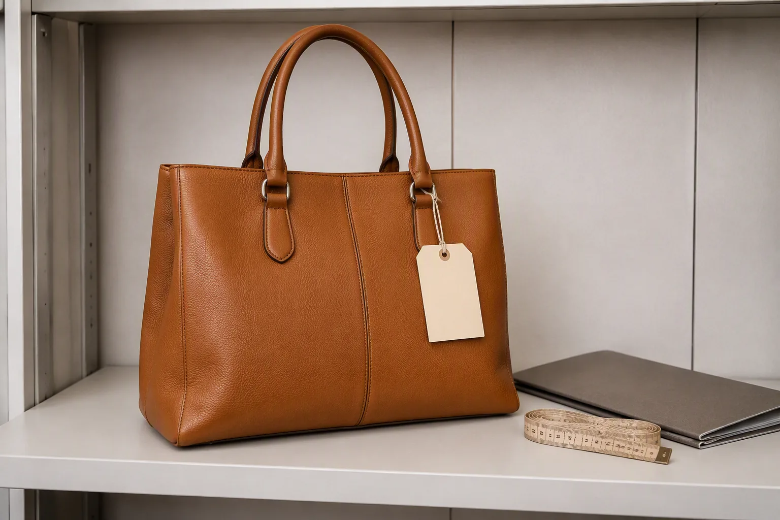 An approved reference leather bag sample on a shelf with a tag, folder and measuring tape