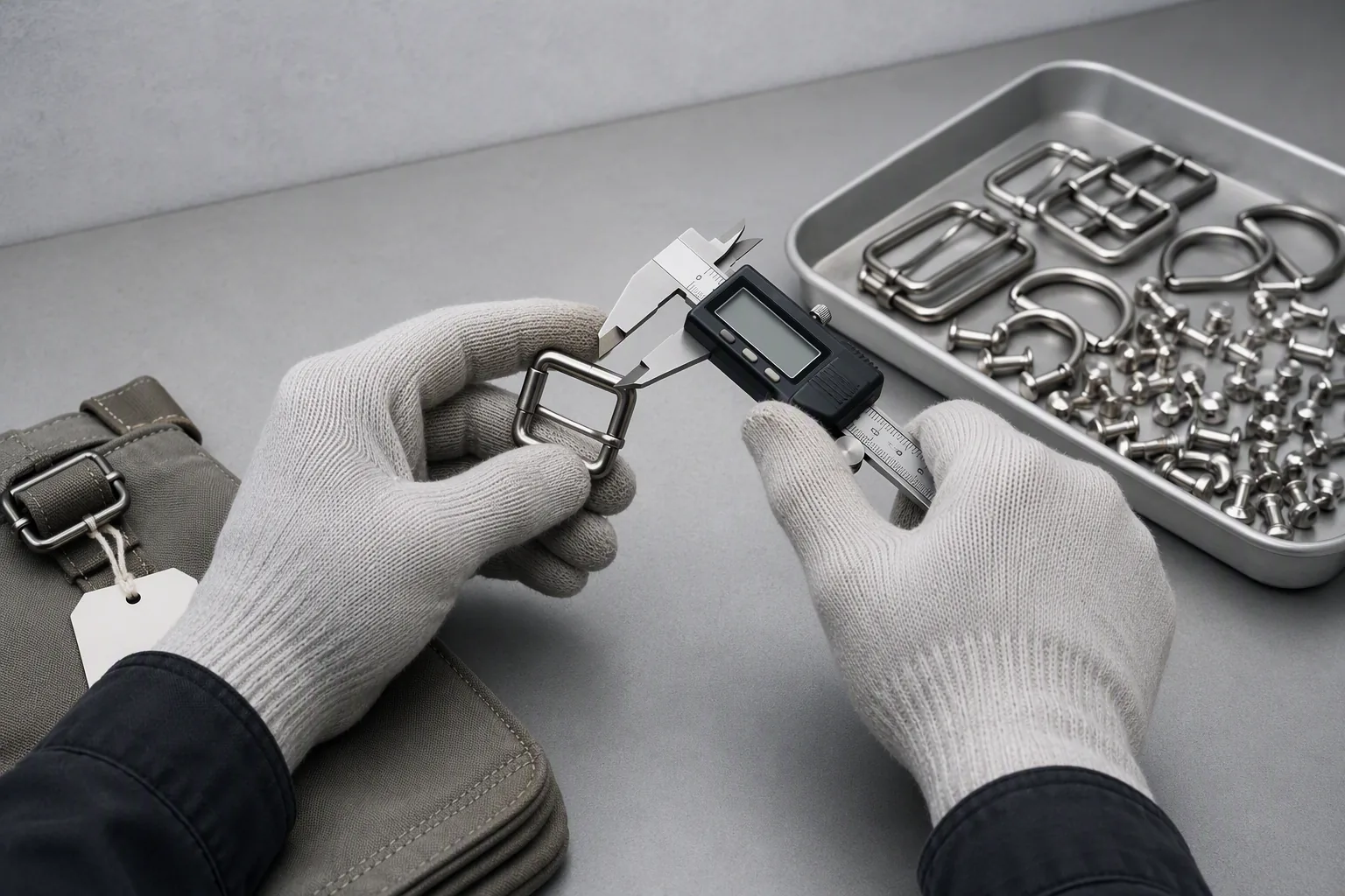 Hardware incoming inspection with a caliper measuring a bag buckle beside a parts tray