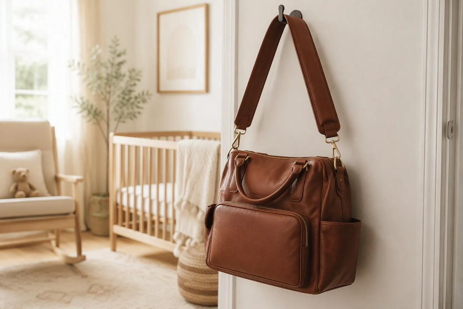 A leather diaper bag with a wide, comfortable shoulder strap carrying weight