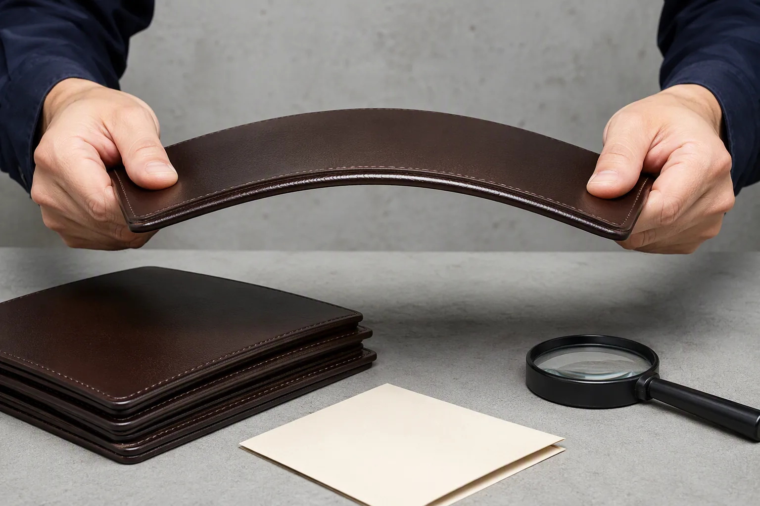 Inspecting a leather bag panel edge for cracking at an inspection bench