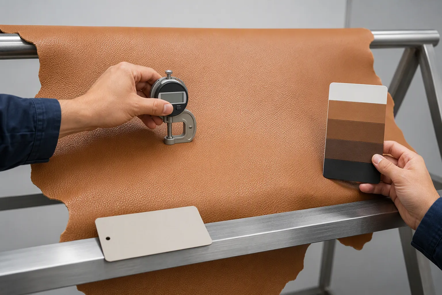Incoming leather inspection with a digital thickness gauge and a colour reference card
