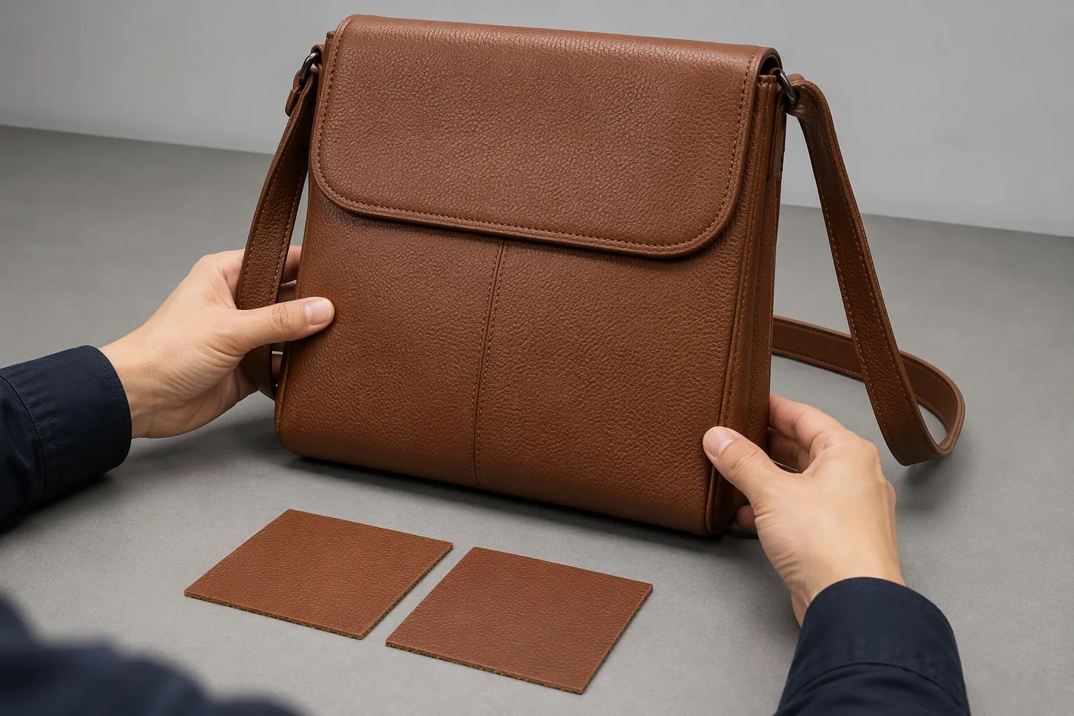 A finished leather bag being checked for panel colour consistency on an inspection bench