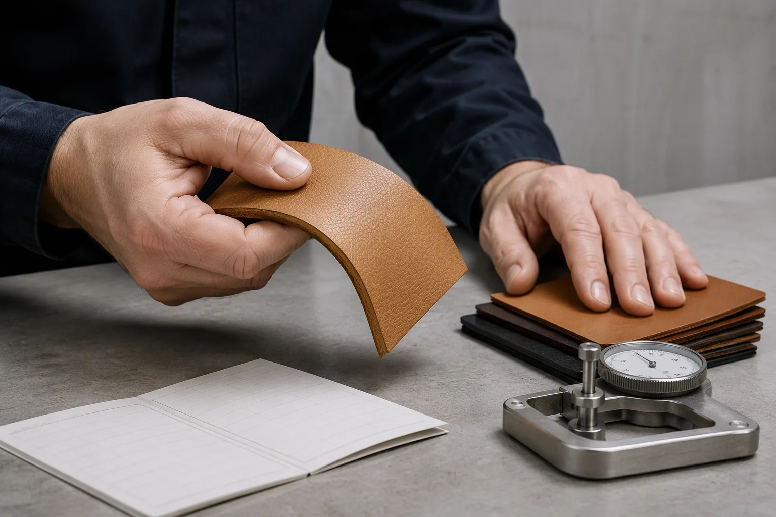 Assessing leather temper by hand at an inspection bench