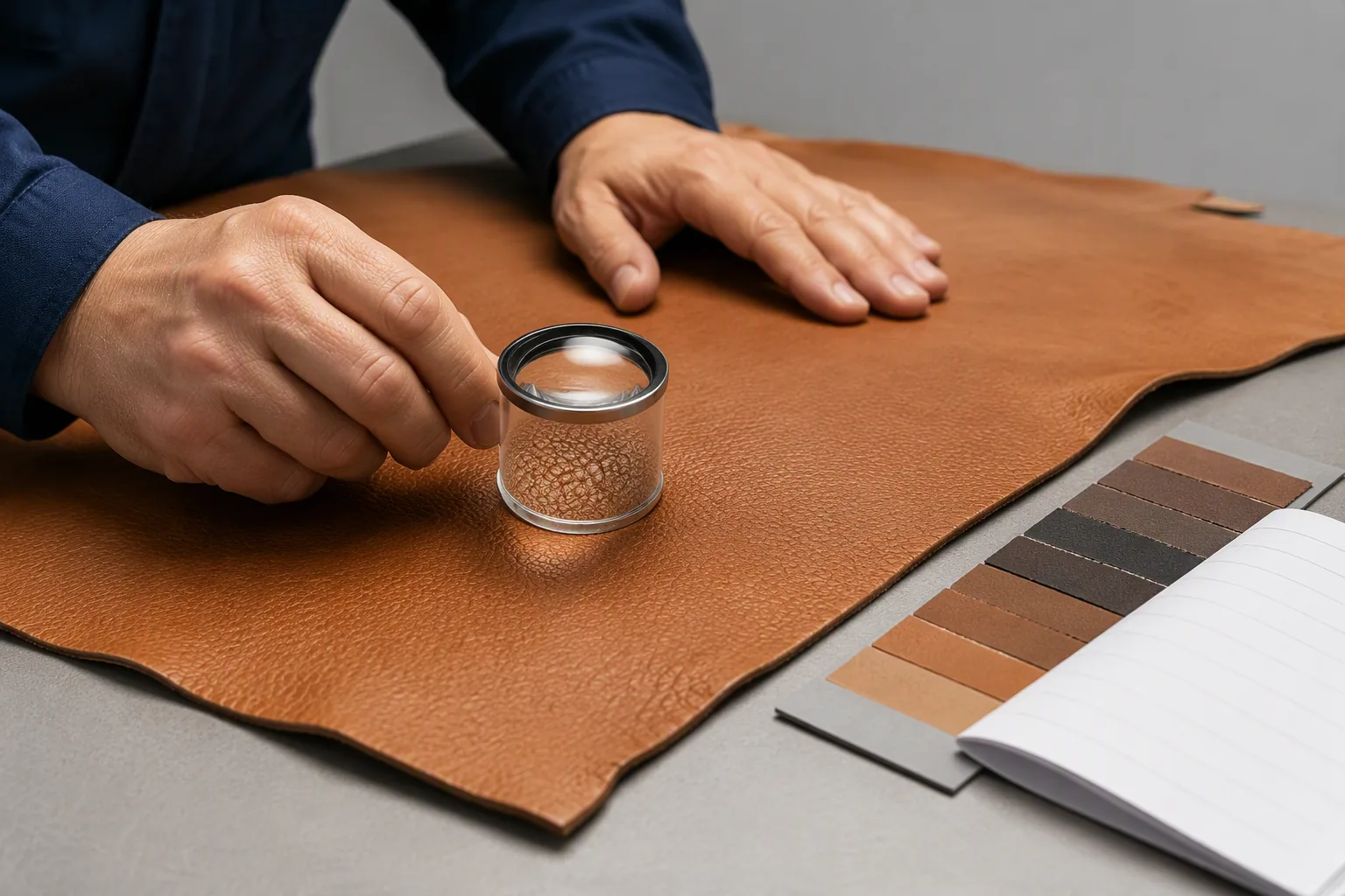 Inspecting grain tightness on a leather panel with a magnifier at a bench