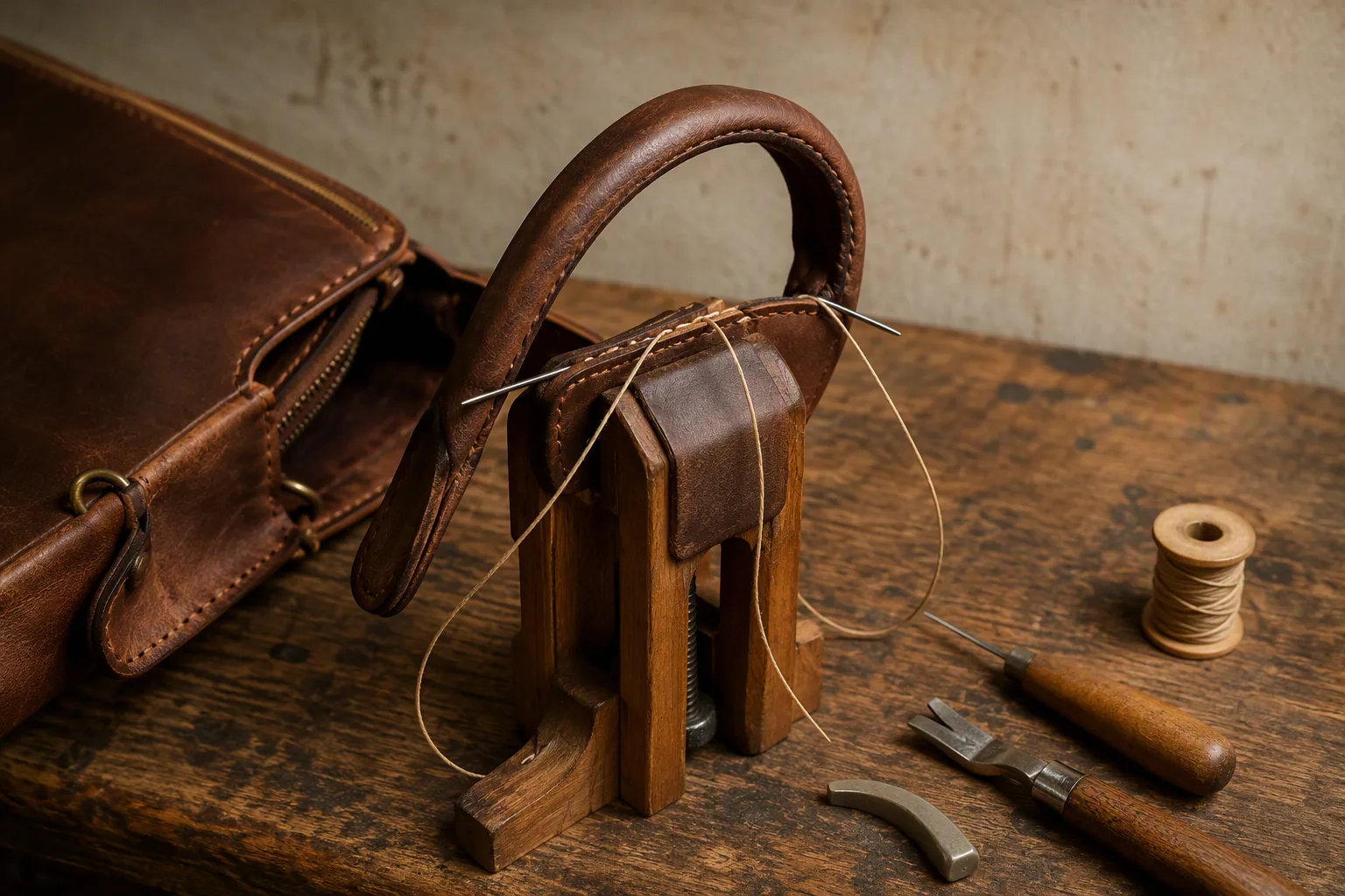 Hand restitching a leather bag handle at a repair bench