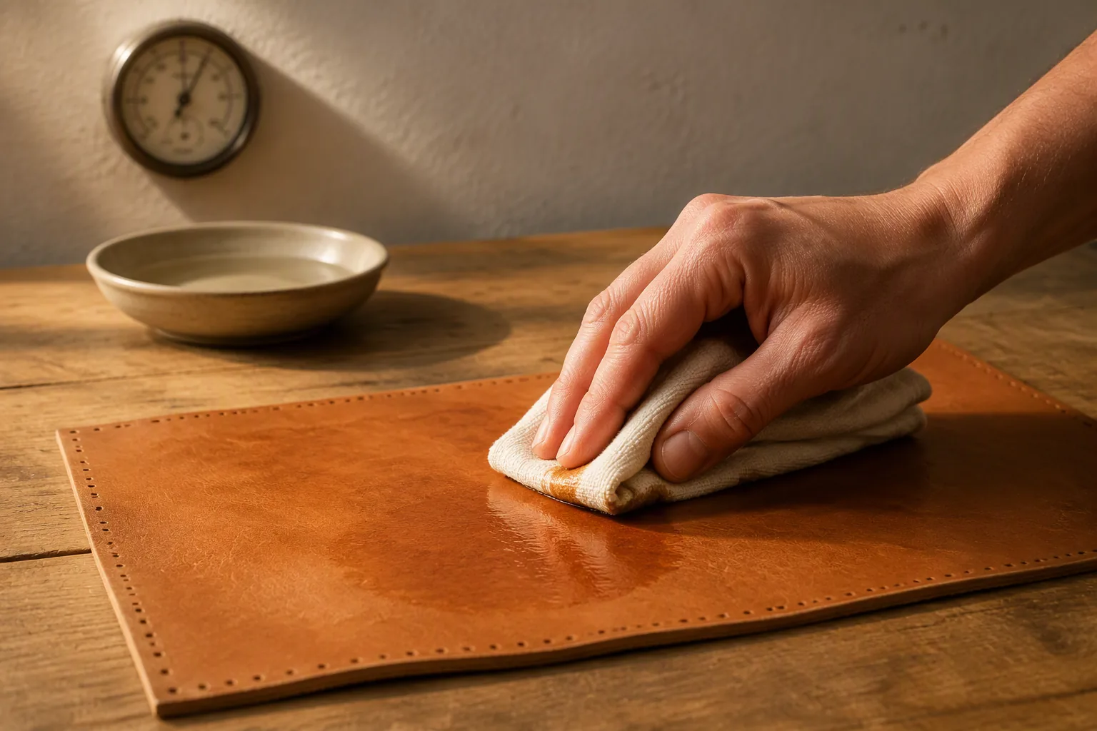 Conditioning a leather panel by hand in a dry workshop before sewing