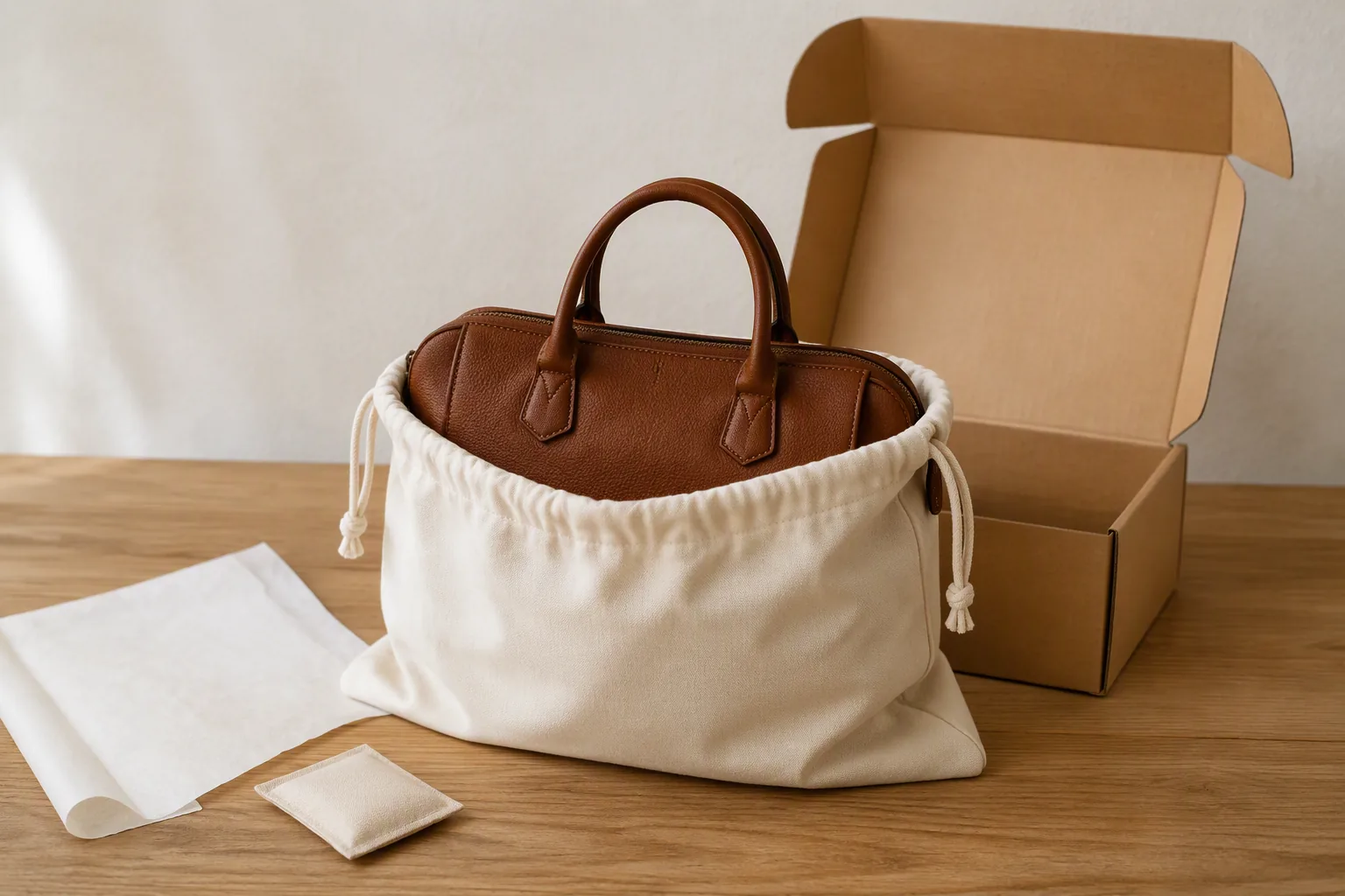 A leather bag being placed into a cotton dust bag beside an open shipping carton