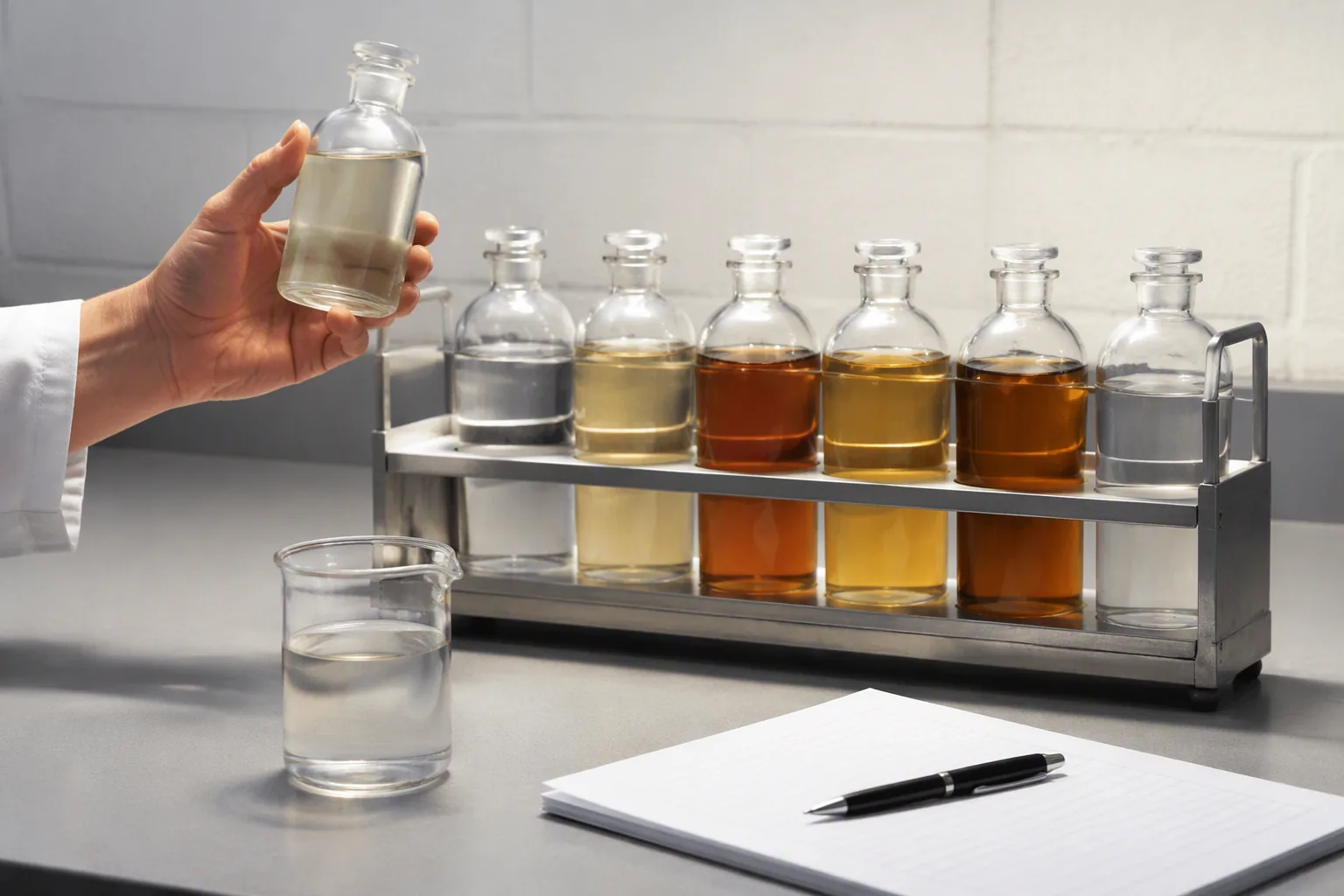 A technician testing a water sample at a tannery process control bench