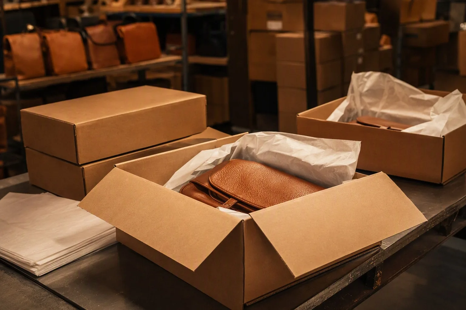 Finished leather bags wrapped in tissue paper being packed into cartons