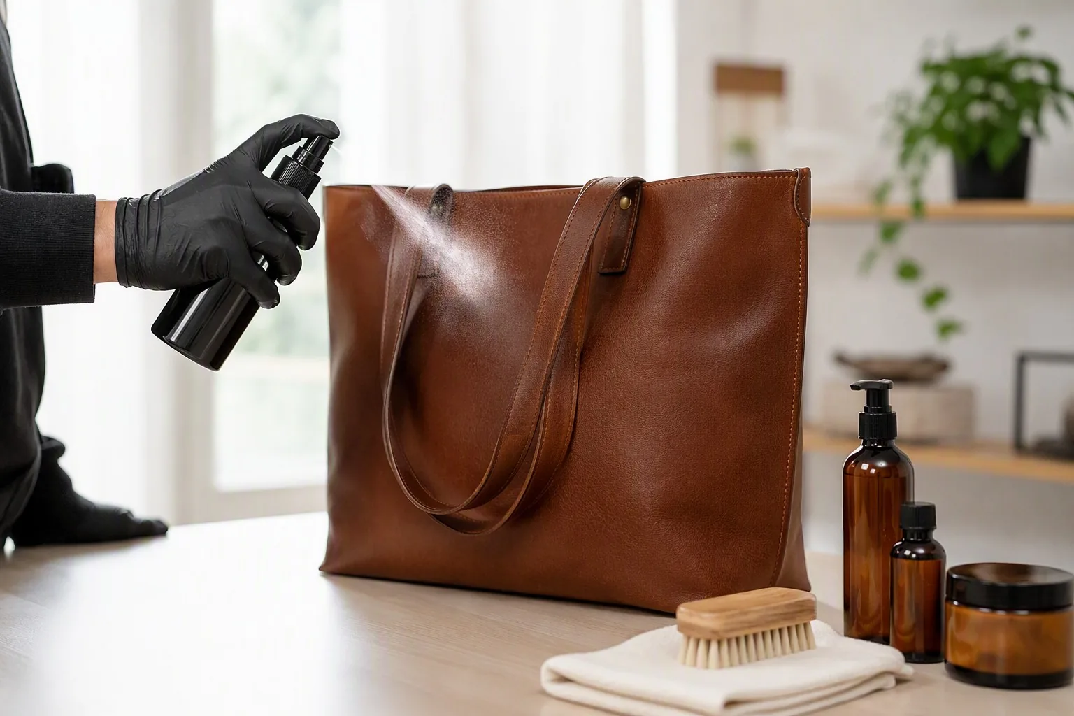 Applying waterproofer spray to a leather tote bag on a workbench