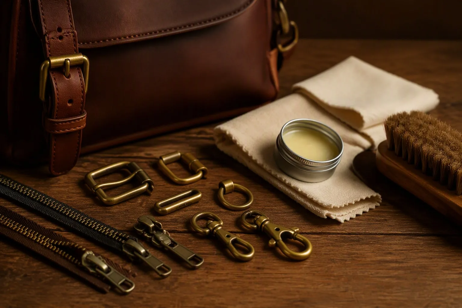 Bag hardware and care tools arranged on a wooden table