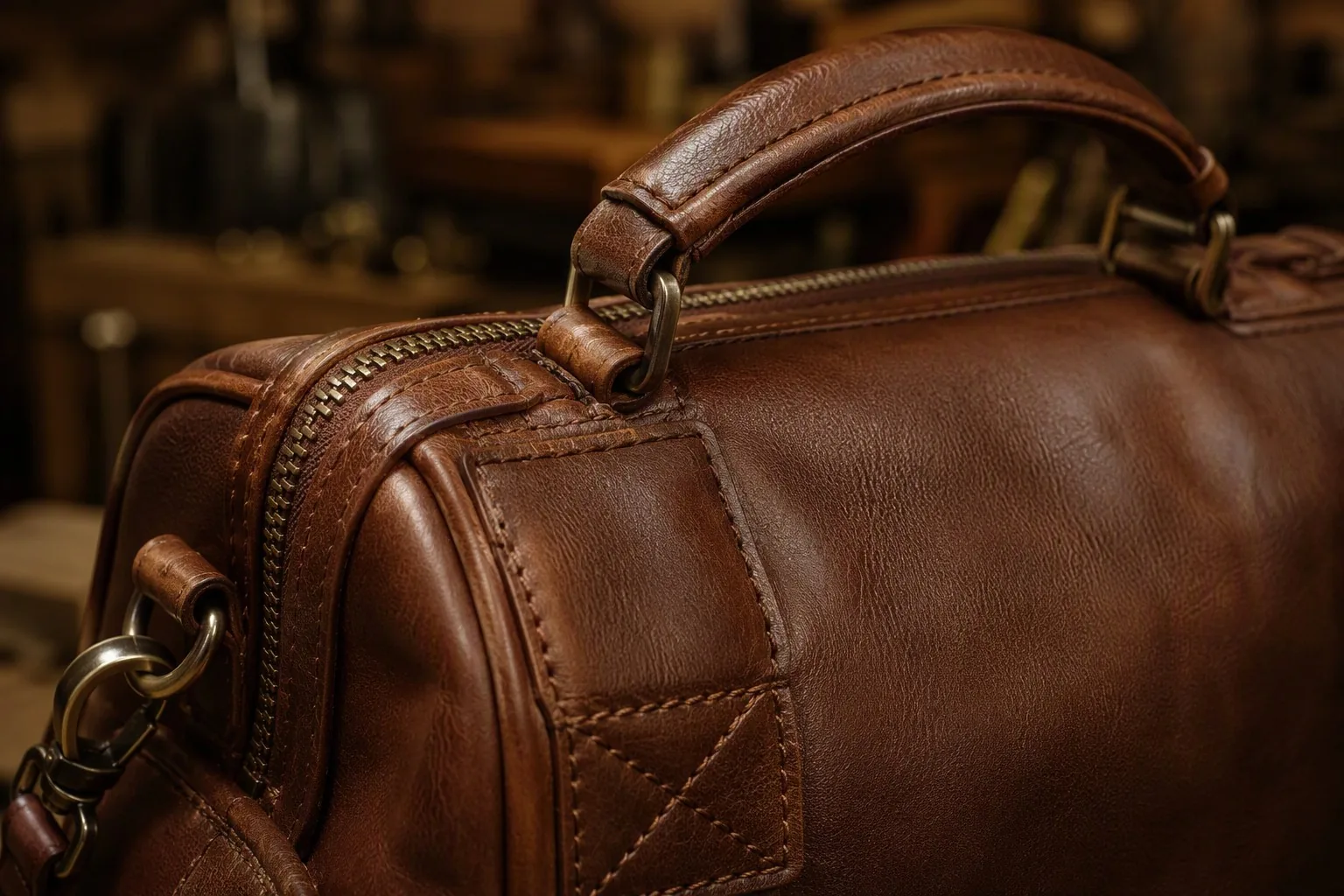 Close-up of reinforced handle and zipper details on a leather diaper bag