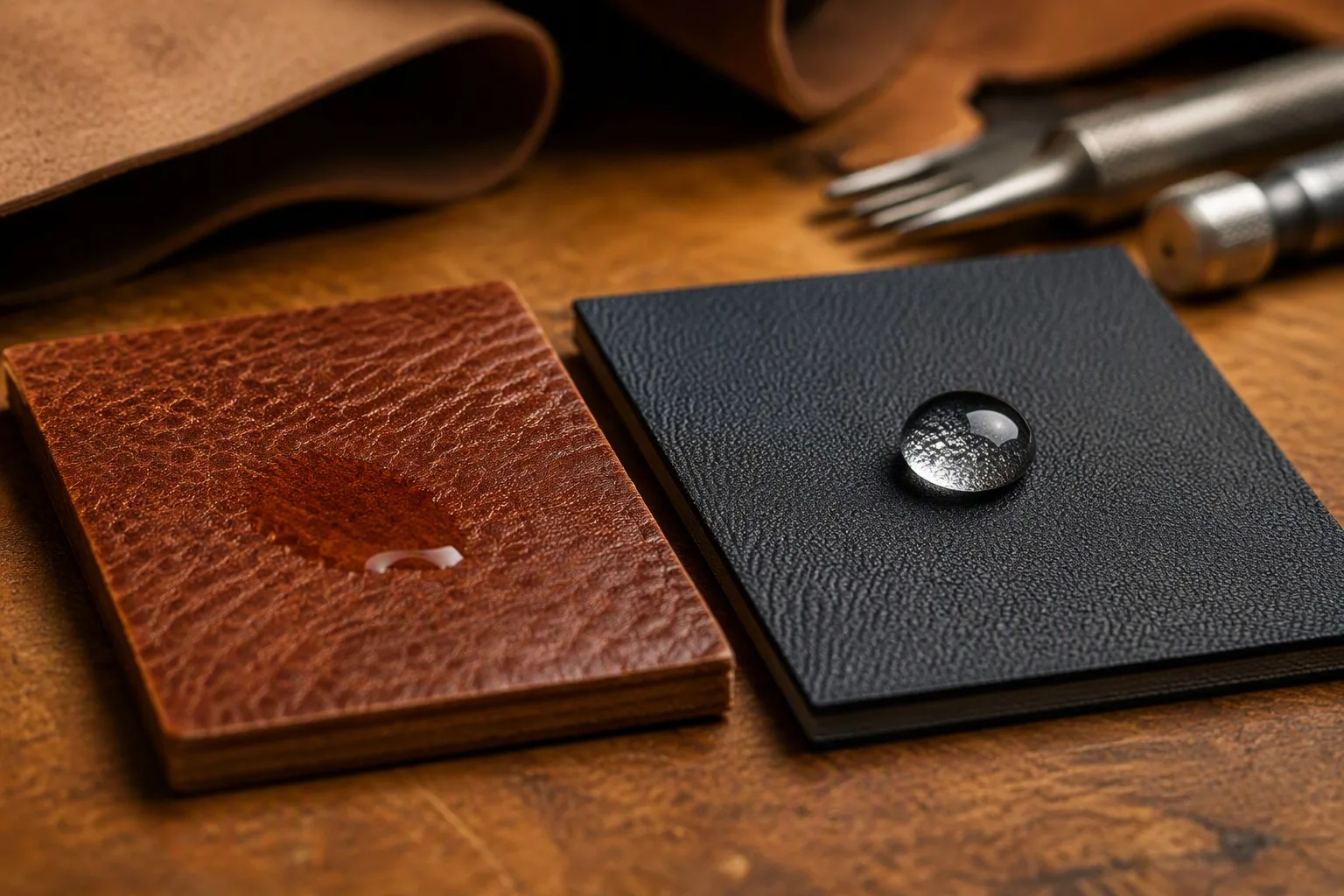 A water droplet beading on microfiber while real leather absorbs slightly