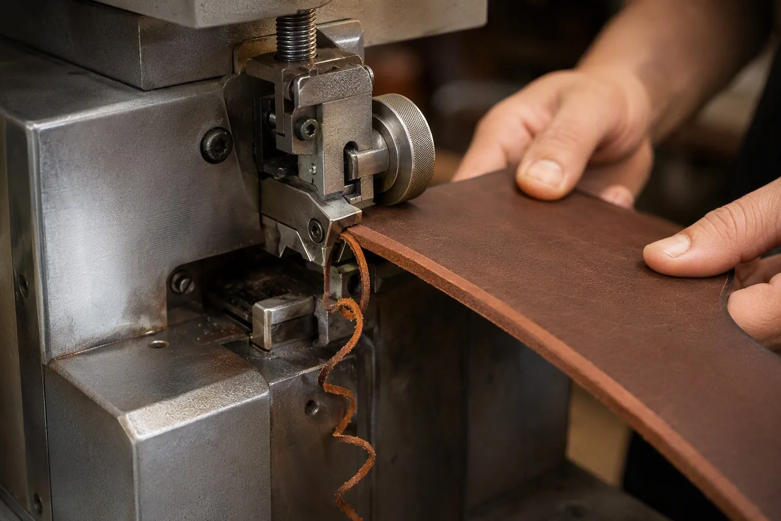 A worker feeding a leather strap through a skiving machine in a factory