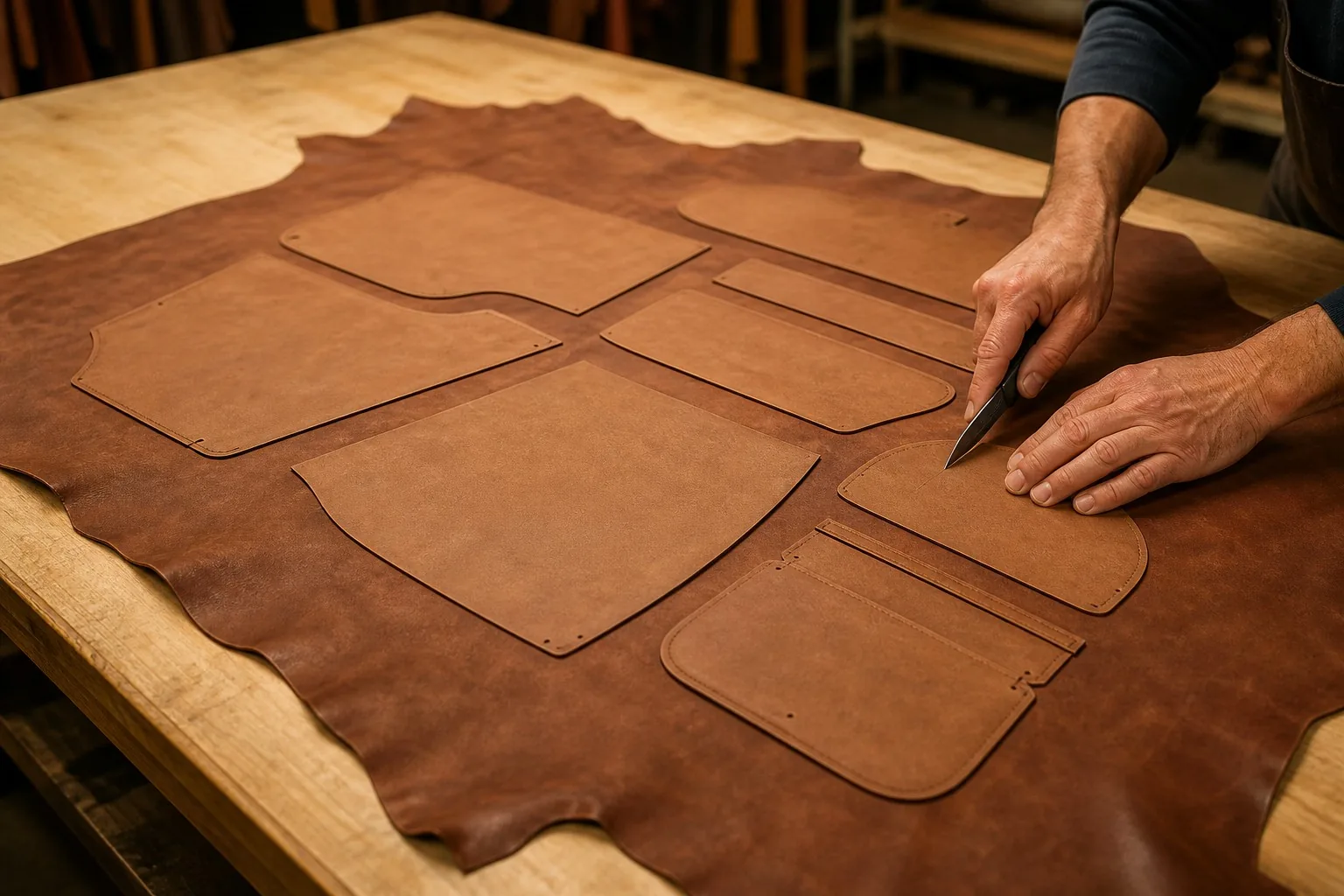 A hide spread on a cutting table with bag panel templates arranged on it