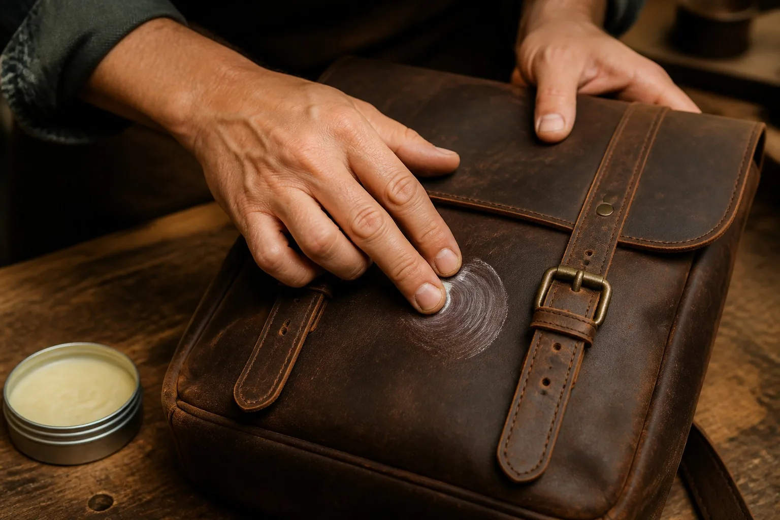 Conditioning a pull-up leather bag with a small amount of balm, the correct light-handed method