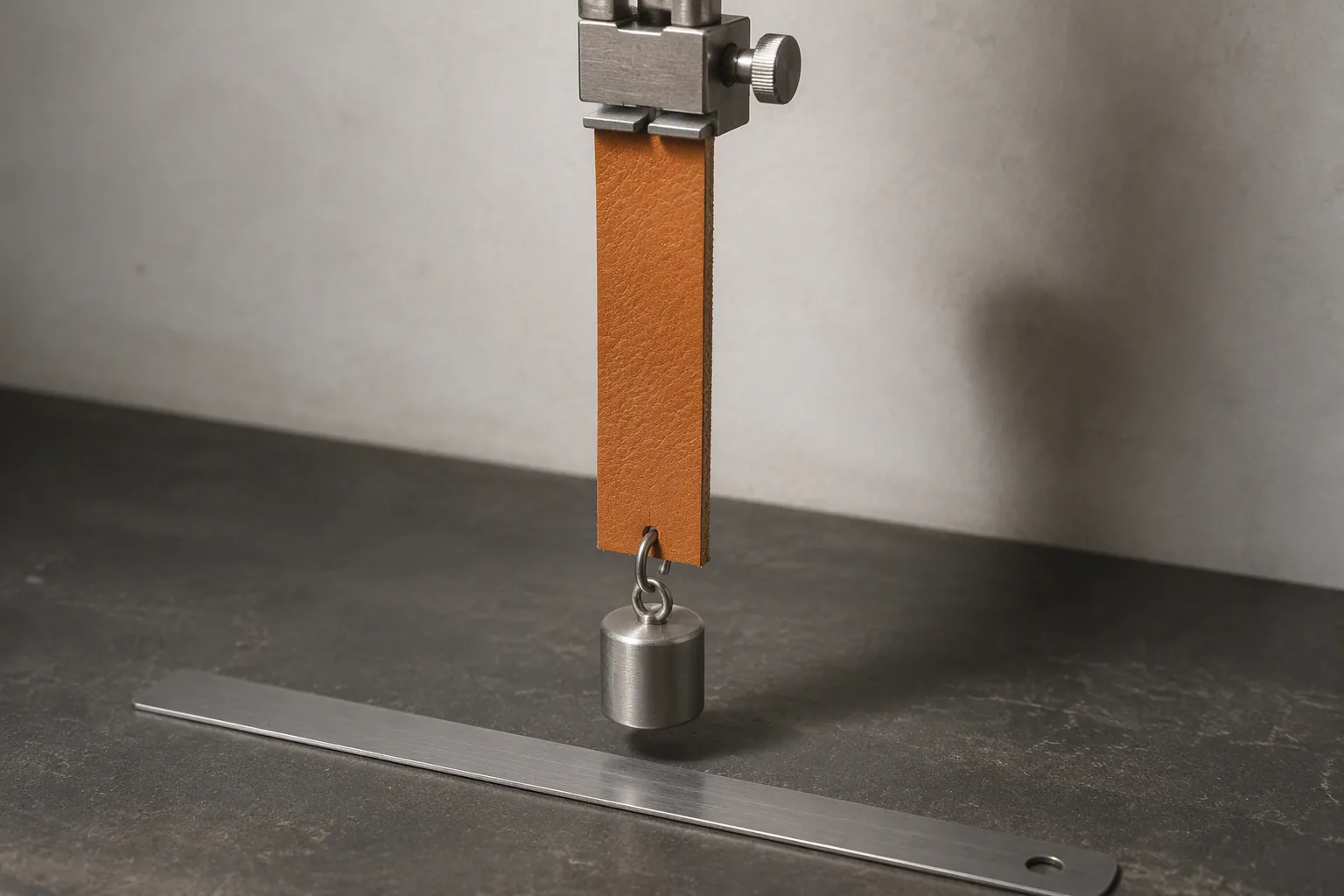A leather test strip hanging under a weight beside a steel rule on a workshop bench