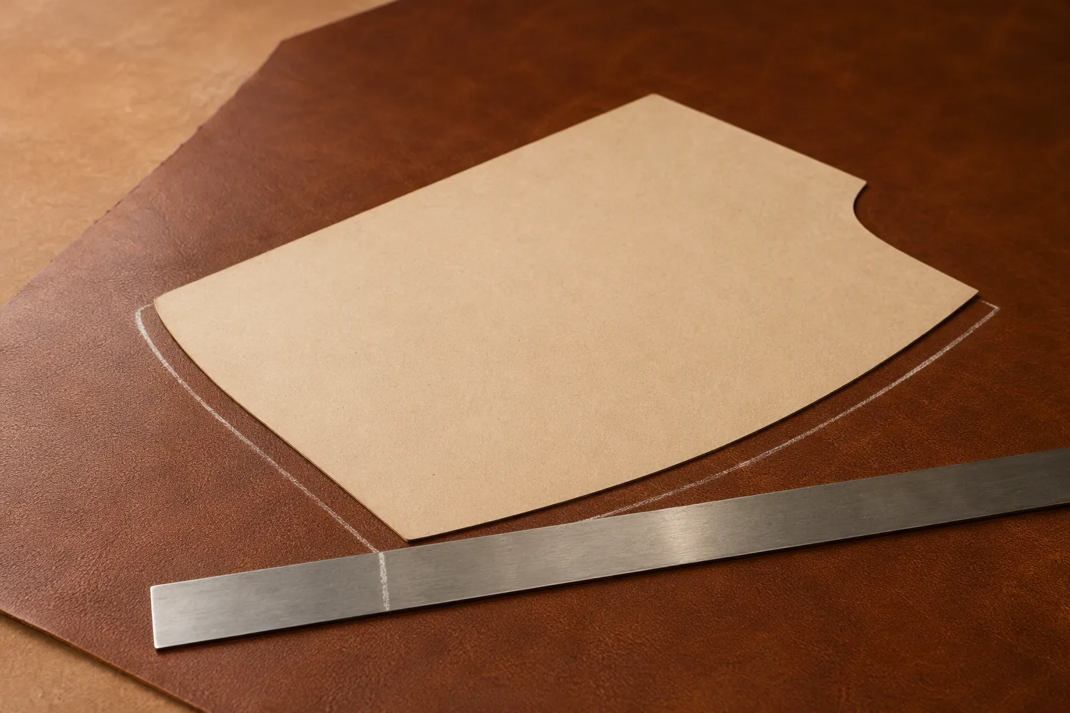 Leather panels with a pattern piece and a chalk line marking the seam allowance beside a steel rule