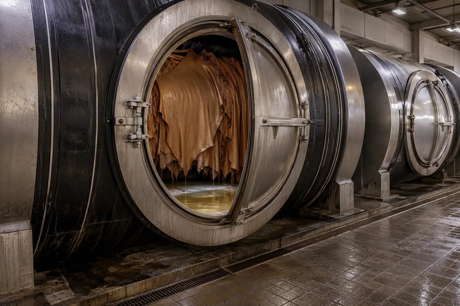 A rotating tanning drum in a tannery wet-end hall with leather sides visible inside